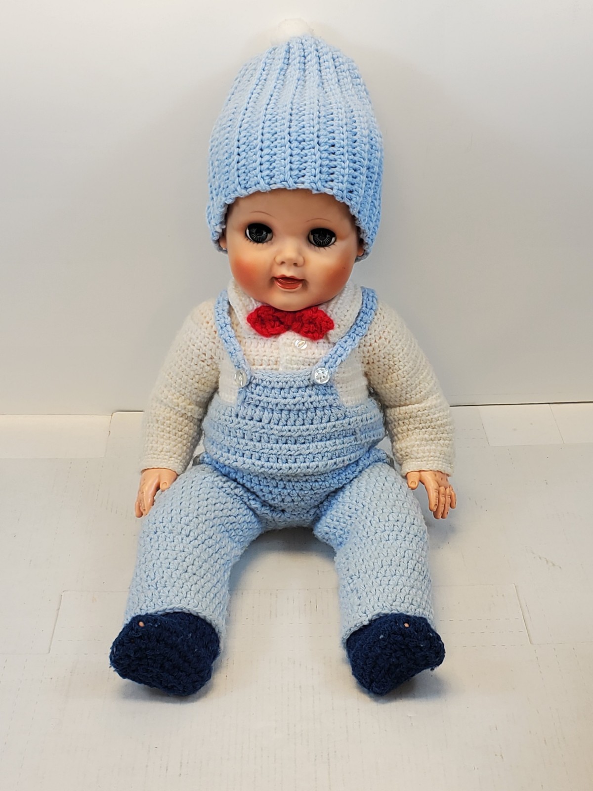 Vintage 1950’s Sleepy Eyed Doll Molded Hair 20″ Blue Crochet Handmade Clothing