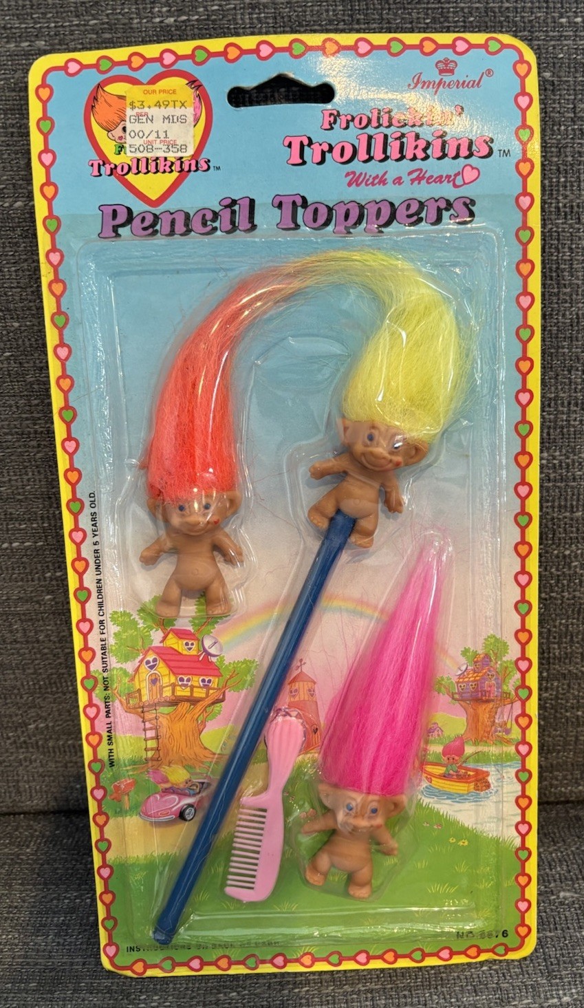 VTG Troll Pencil Toppers W/ Cheek Heart Frolickin Trollikins 1992 Imperial