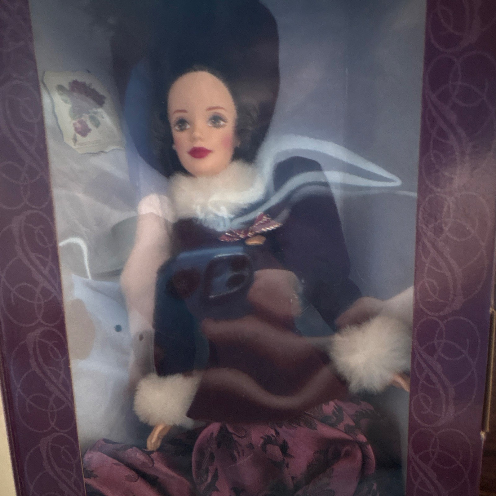 Doll in Box Wearing Dark Outfit with White Fur Trim, Boxed Doll