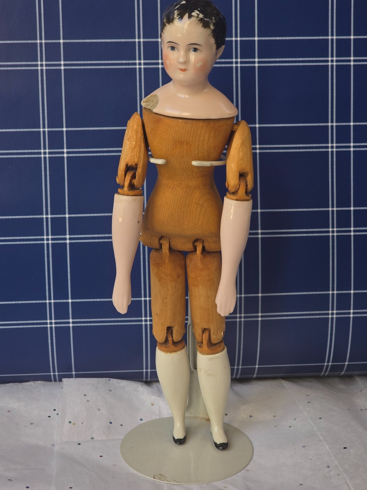 Antique German China head doll 9″5/8 tall wooden doll