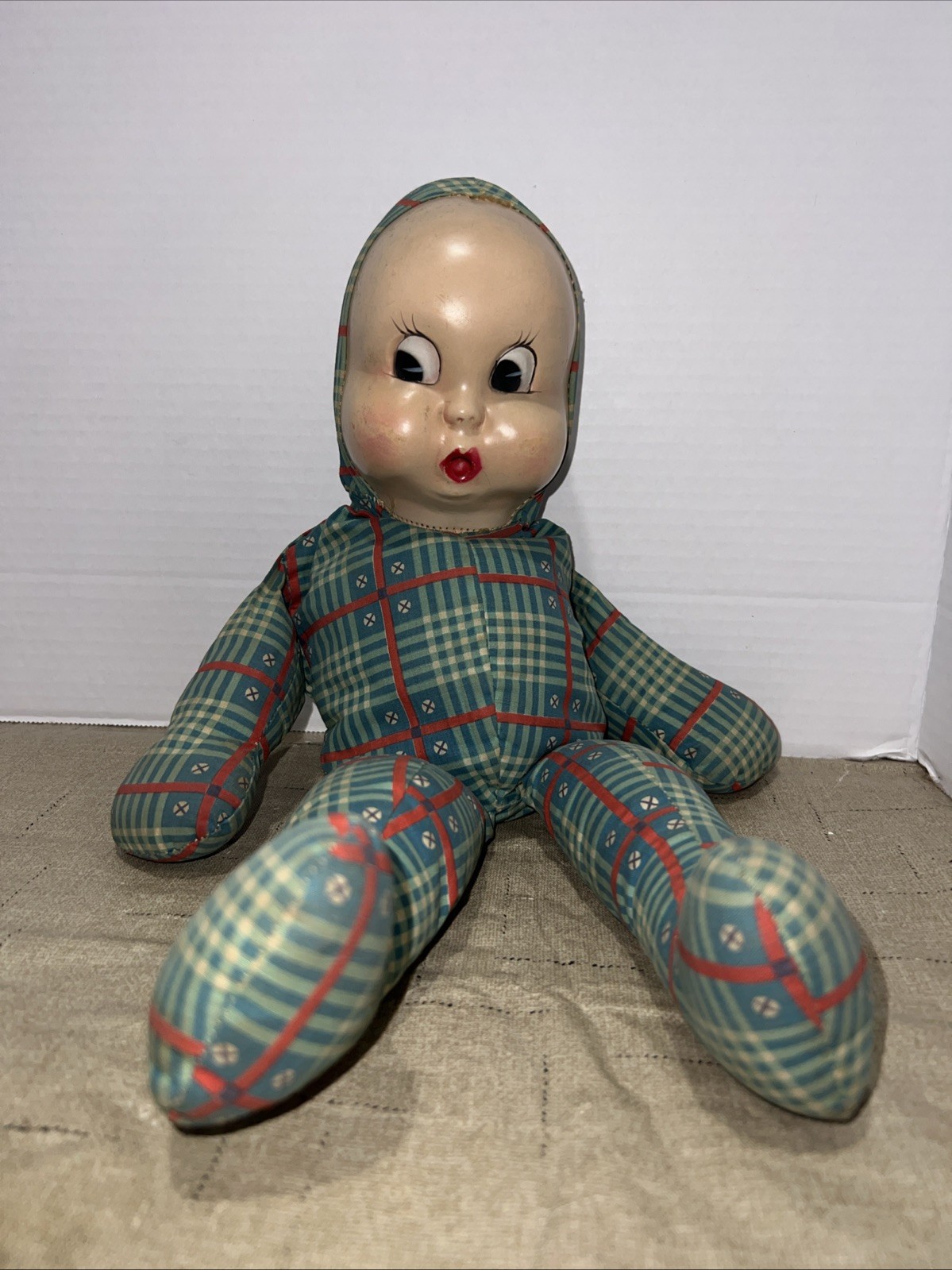 Vintage Kewpie Style Doll Fabric Body Plastic Face Unique 1940s
