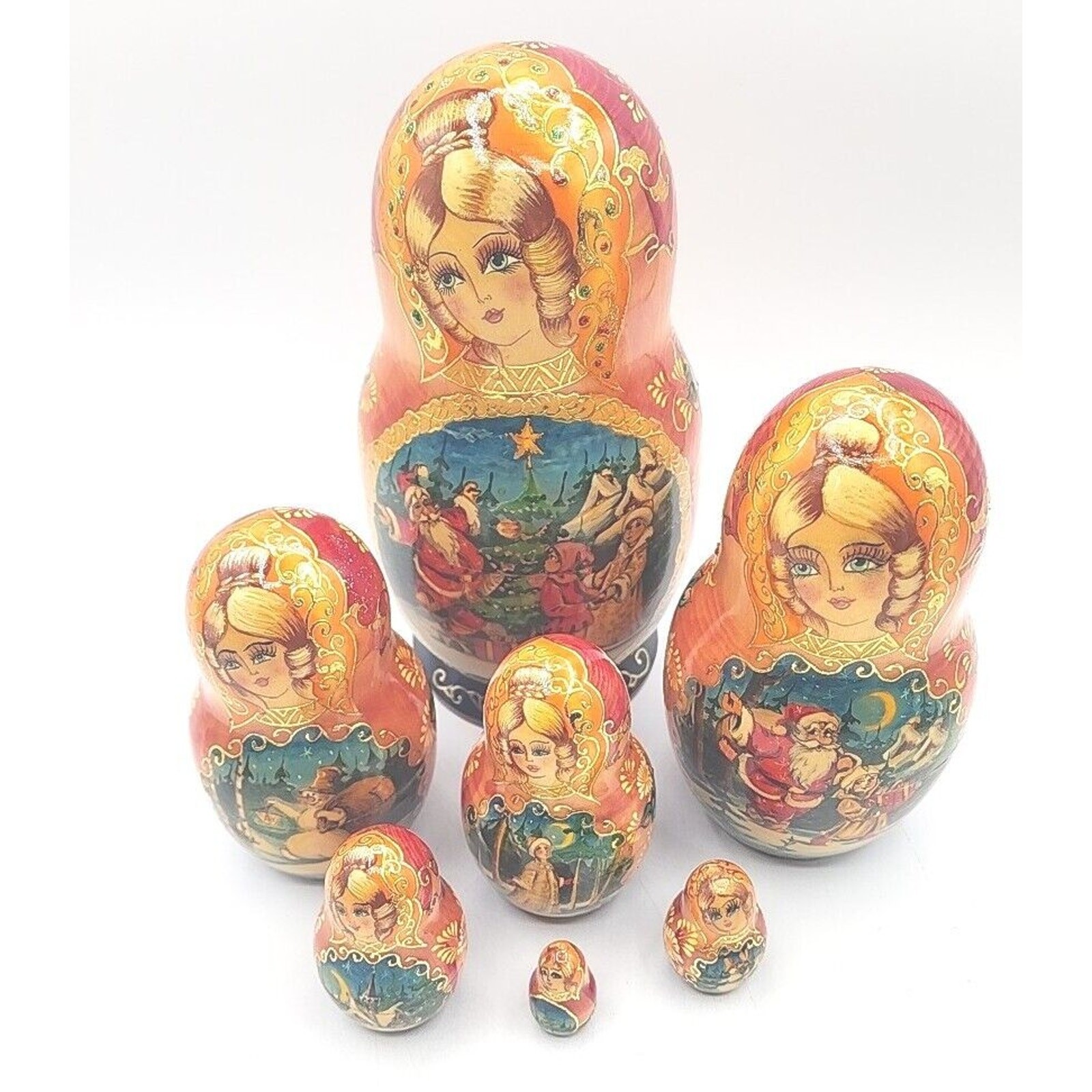 Russian Christmas Matryoshka Nesting Doll 8” Hand Painted 7 Piece Rare U254