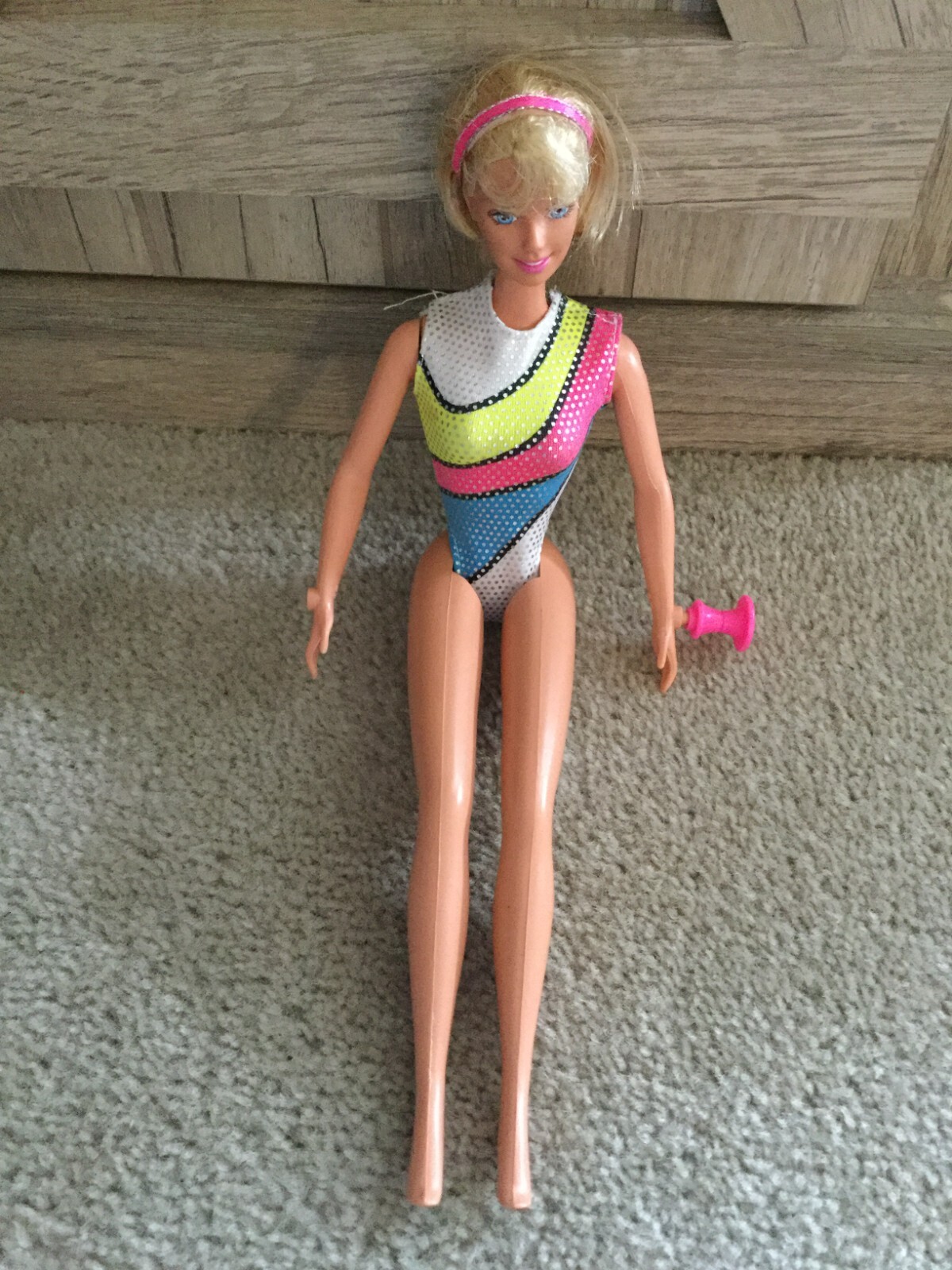 1999 Mattel Barbie SUPER GYMNAST #23105 Barbie Doll in Striped Leotard Blonde