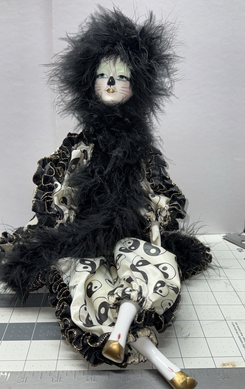 Show Stopper Hand Painted Porcelain 20” Musical Wind Doll Yin Yang Fabric