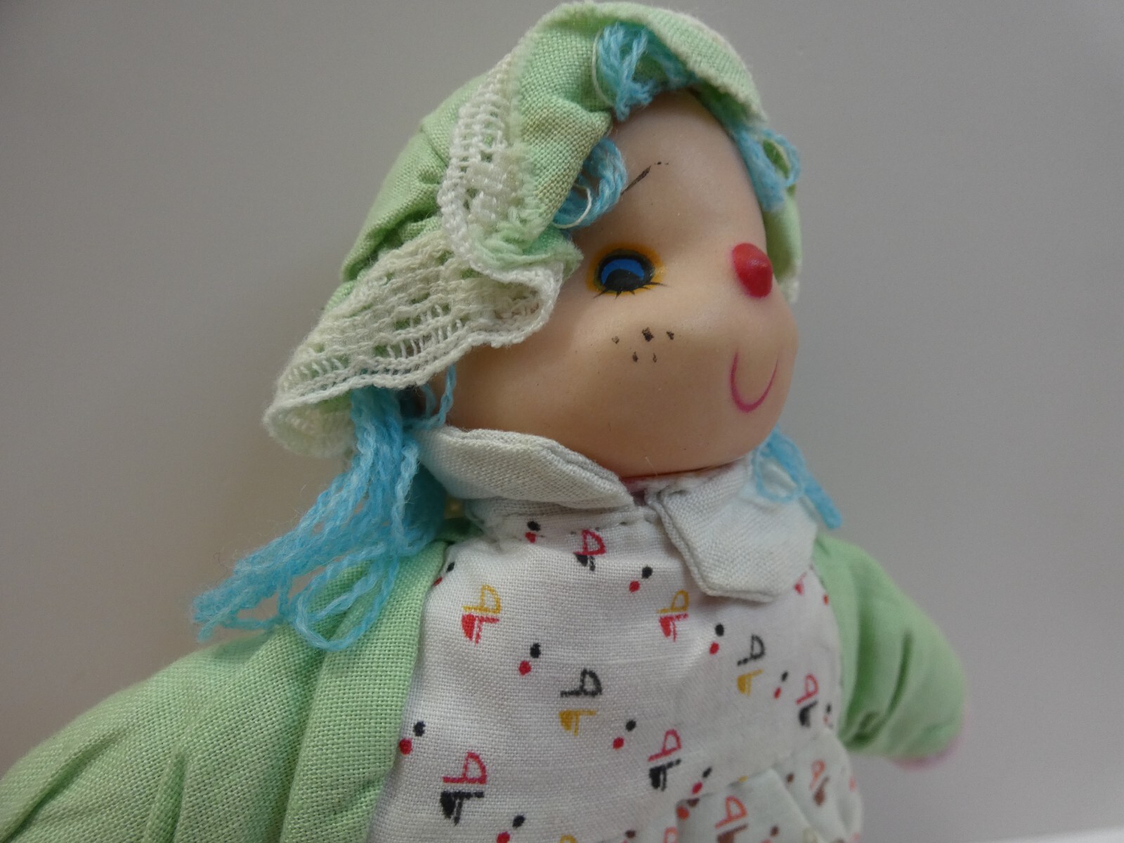 VTG Rag Ice Cream Doll Clown Blue Yarn Hair 7″ Rubber Face Cloth Body