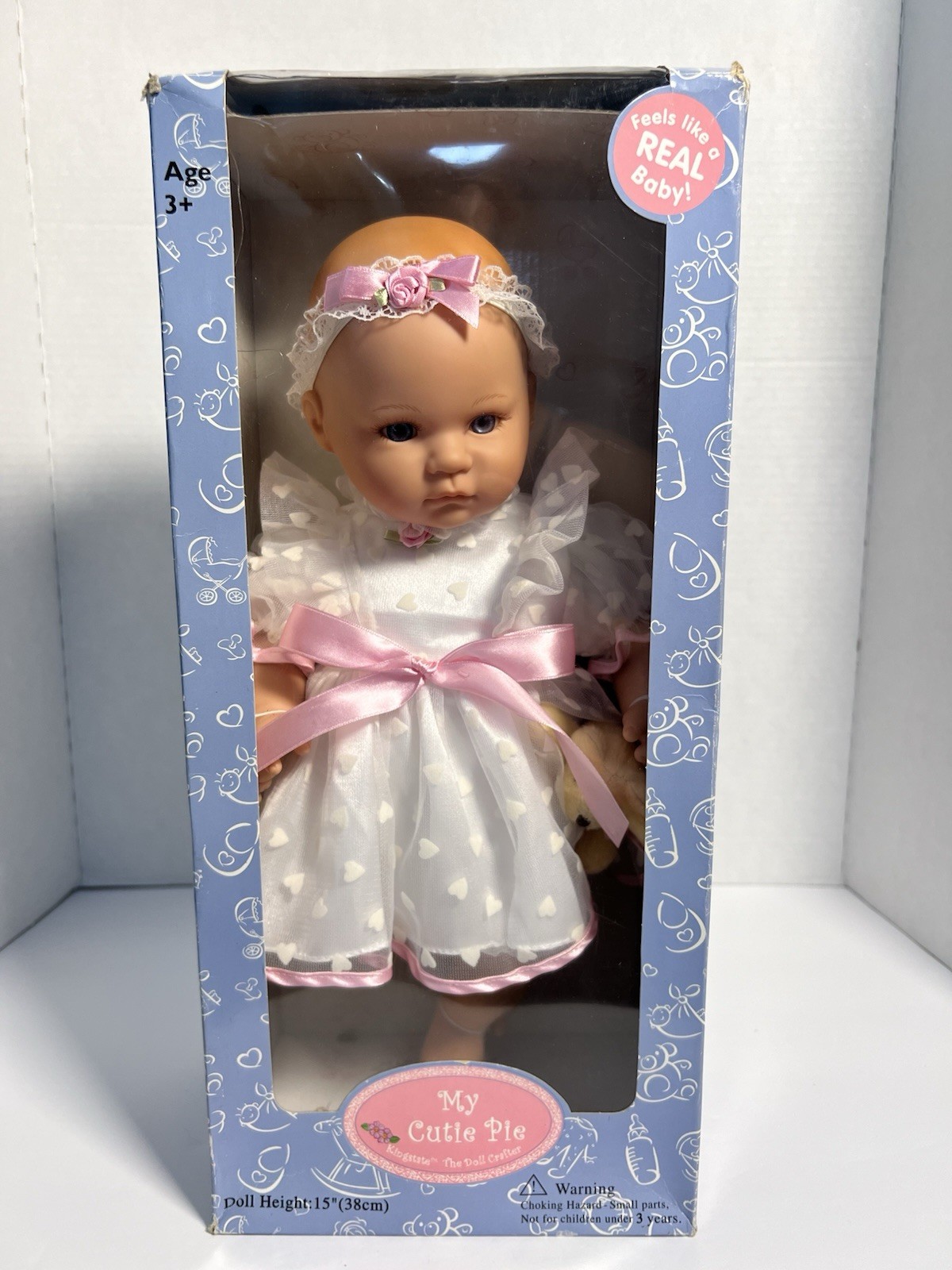New KS Baby Doll, Cloth Body, Vinyl Limbs Big Blue Eyes Lifelike Lashes 16” H