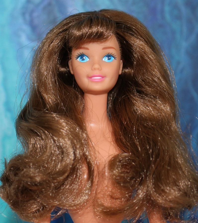Nude TNT Barbie Brunette long wavy hair w bangs BRIGHT blue eyes superstar face