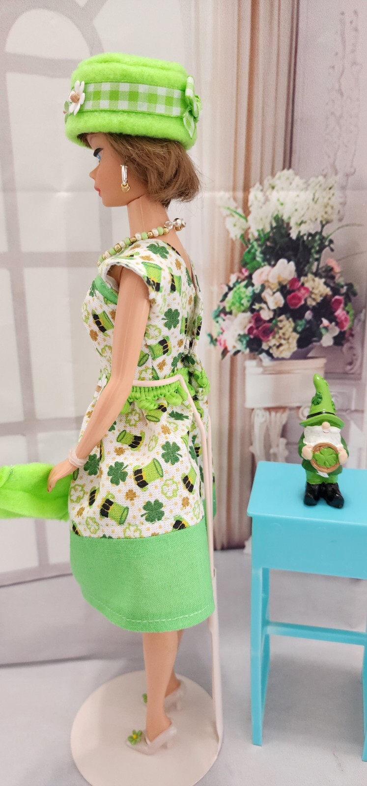 HANDMADE FOR BARBIE DOLL ST PATRICK’S DAY PRINT DRESS FASHION SET WITH GNOME #2