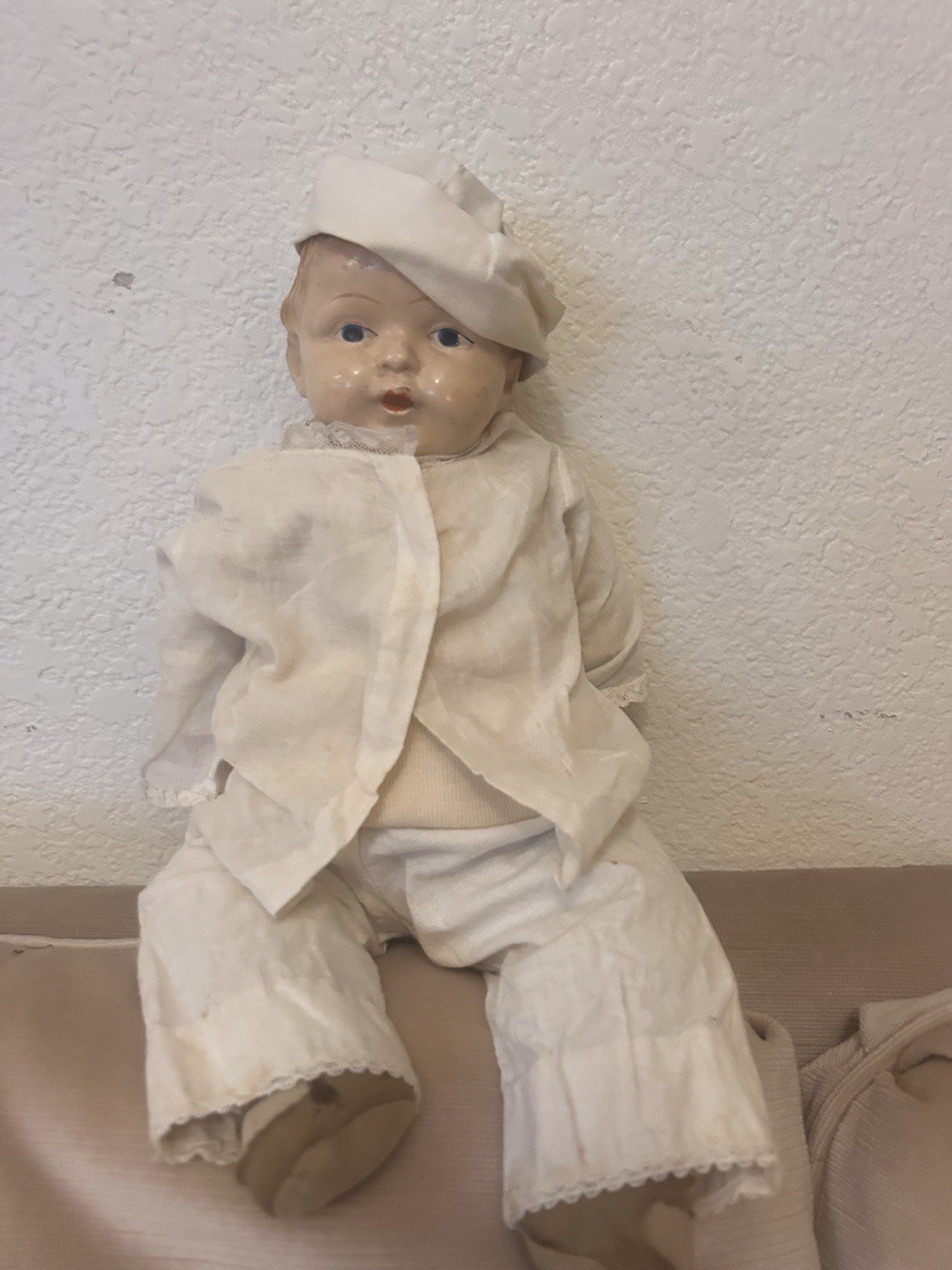 Antique 1920s 16” Composition Boy Baby Doll Straw Stuffed Cloth