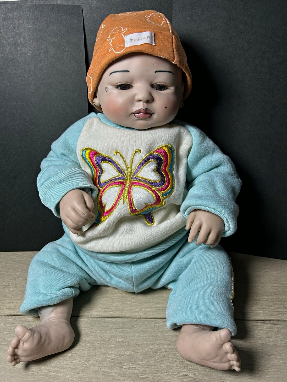 Soft Body Cloth Baby Doll, Light Complexion, Brown Eyes, No Hair, Outfit Hat