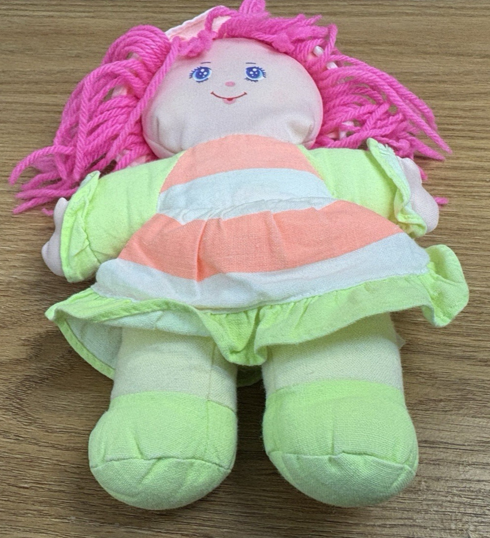Vintage 1980s Dolly Mine Rag Doll Pink Yarn Hair Soft Fabric Flat Neon Colors
