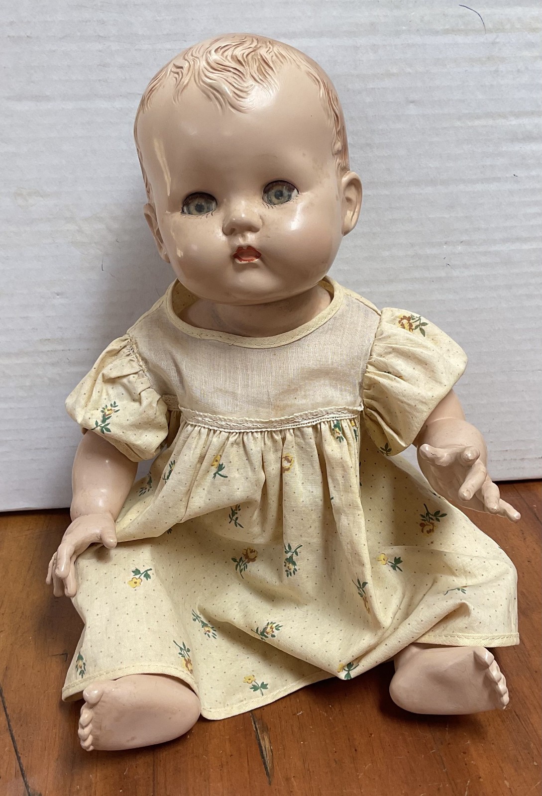 Vintage Ideal Doll Composition Baby Doll 1950s Original Dress Bonnet 16″