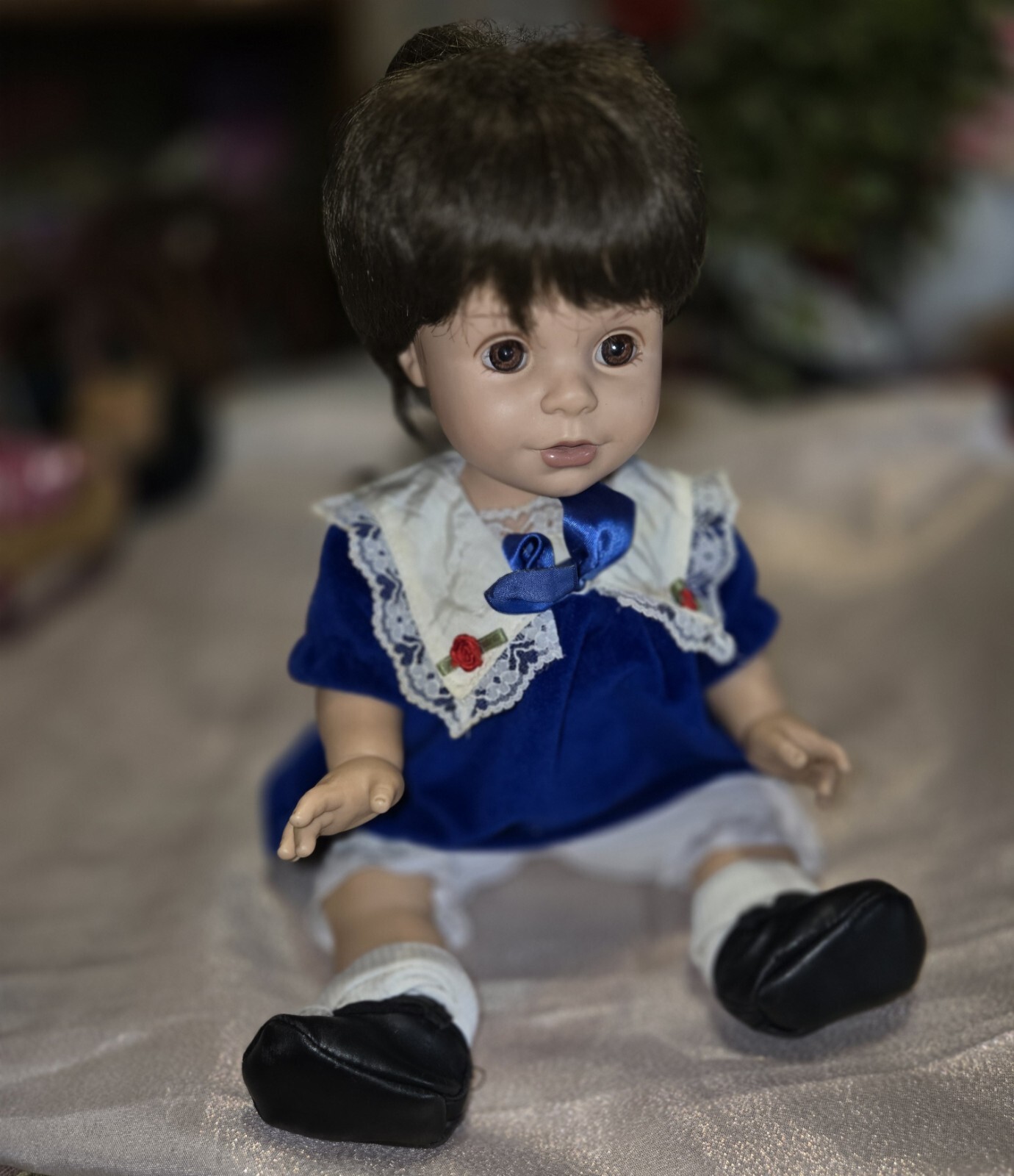 Baby So Beautiful Doll 15” 1995 BSB Playmates Toys Black Hair Blue Dress *Shoes*