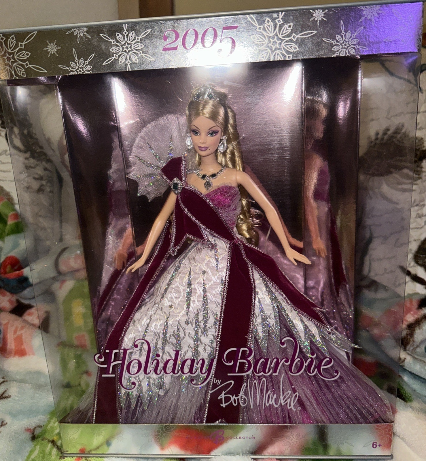 2005 Holiday Barbie Doll by Bob Mackie Purple Sparkle Gown Tiara Mattel G8058
