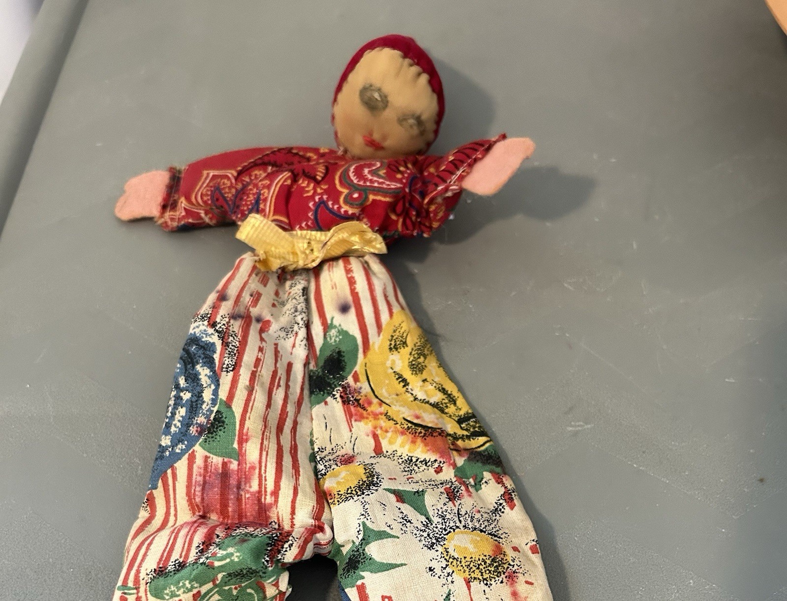 Handmade Rag & Cloth Doll- cloth fabric body- hand drawn face red hat 1940s 12in