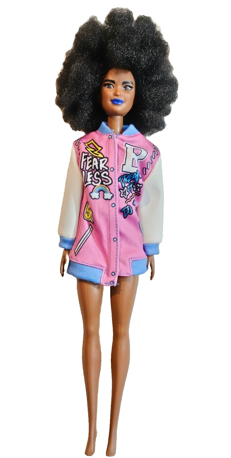 BARBIE Fashionistas Doll #156 Curly Brunette Hair Letterman Jacket GRB48 C356G