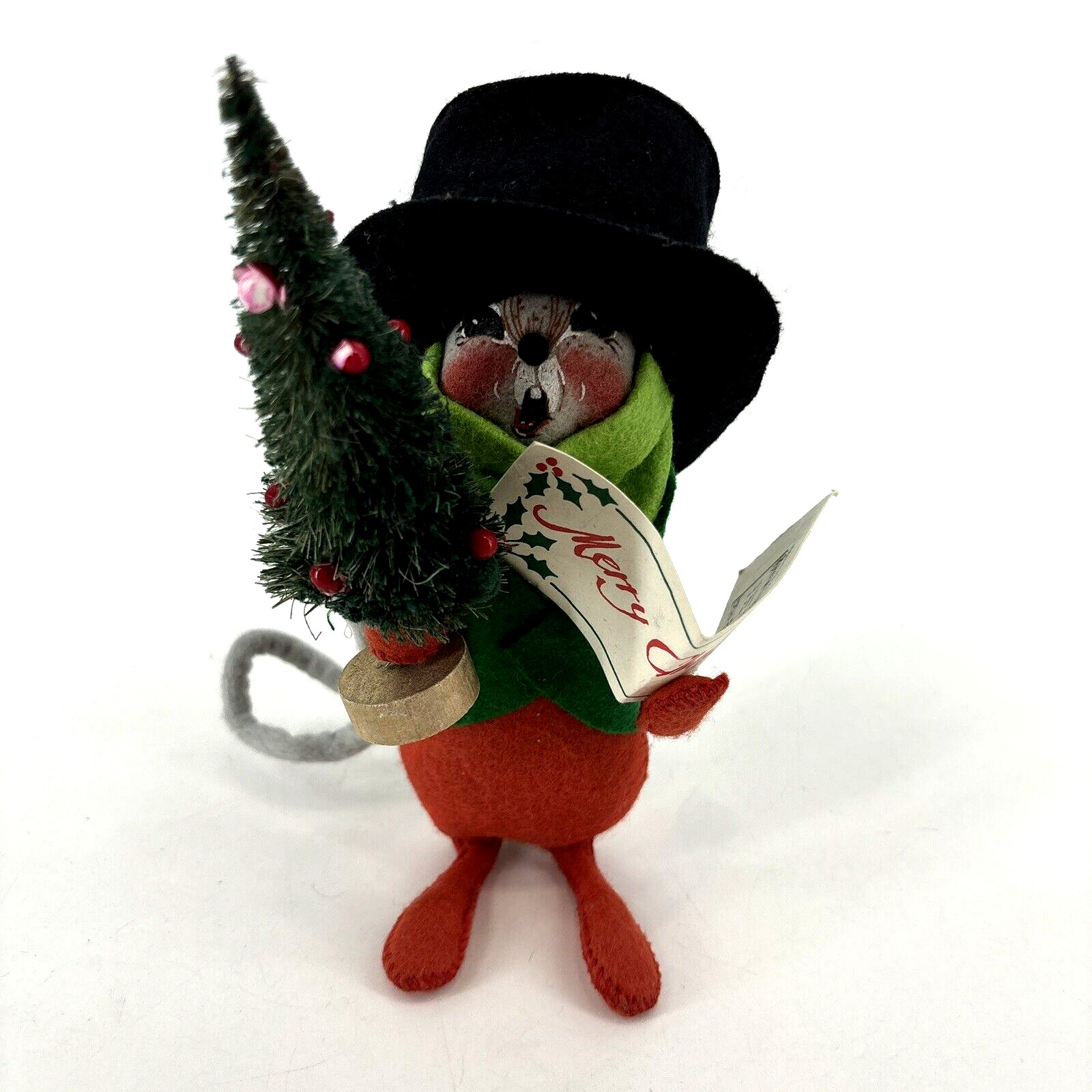 Vtg 1993 ANNALEE Doll 6” Caroling Mouse w Christmas Tree And Oversized Top Hat