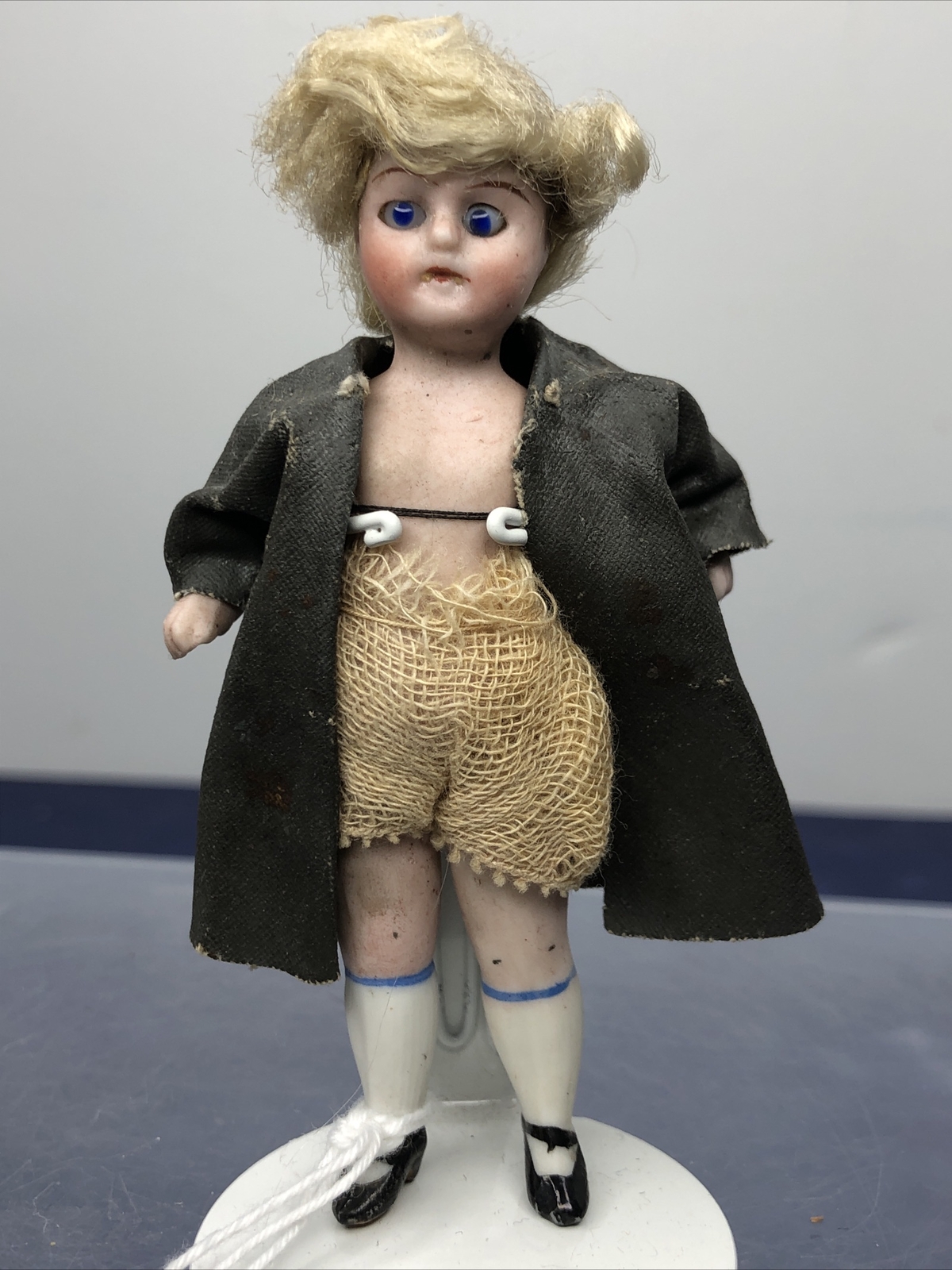 3.5” Antique German All Bisque Doll Blue Glass Eyes Jointed Limbs Blonde #Q