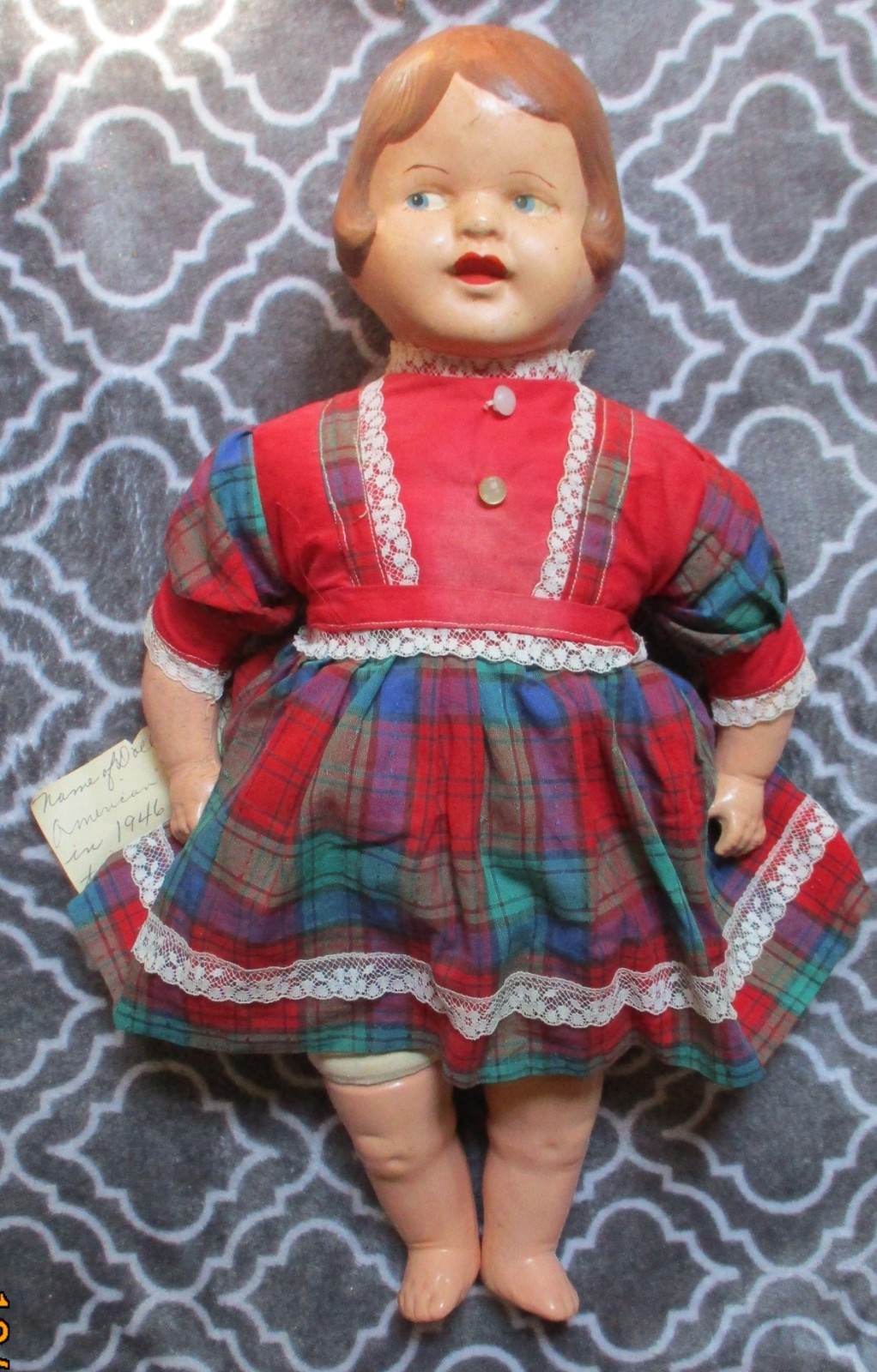 Antique unmarked Baby Doll 18″ Composition & Cloth Molded Hair sideways glancing