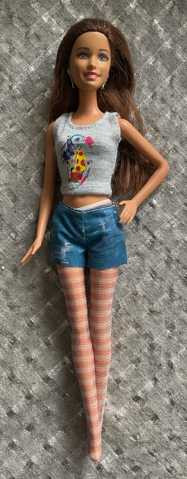 Pretty Barbie Doll Brunette Earrings Outfit Shorts Top Nylons