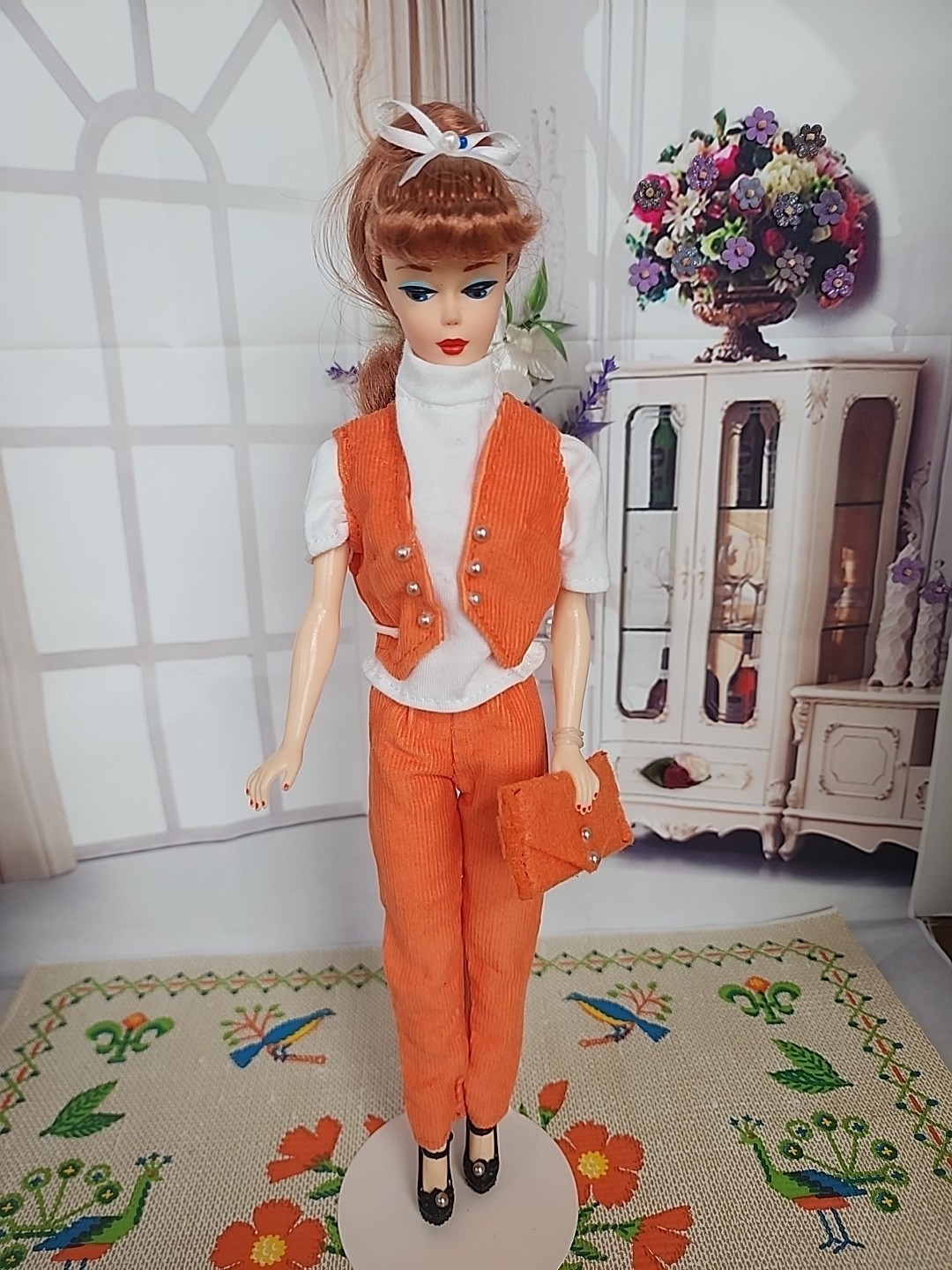HANDMADE FOR BARBIE DOLL CLOTHES ORANGE CORDUROY PANTS SET WITH VEST