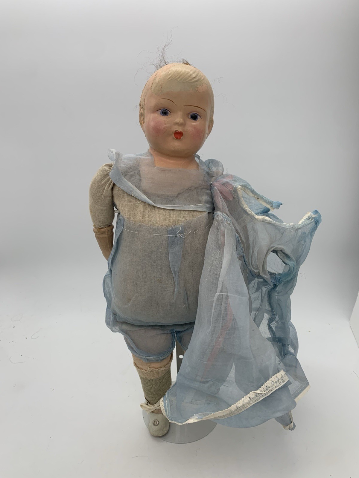 Vintage 20” Unmarked Composition Toddler Doll Cloth Body Blue Dress