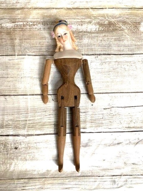 Vintage Shackman Porcelain & Wood Jointed Doll 12″ With Articulated Limbs