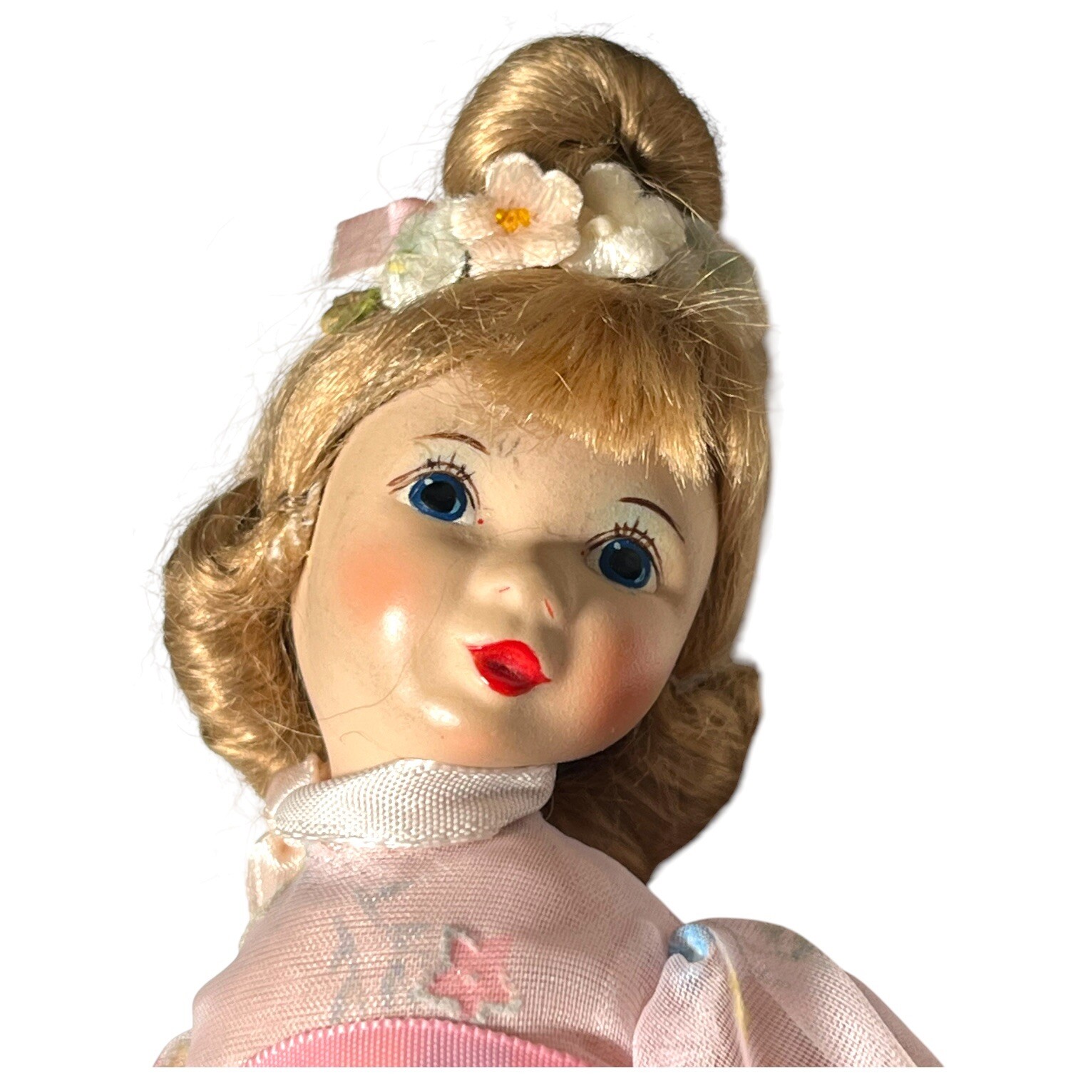 Artist Felt Cloth Composition Head Hand Painted Pink Dress Doll Flower Girl 9″