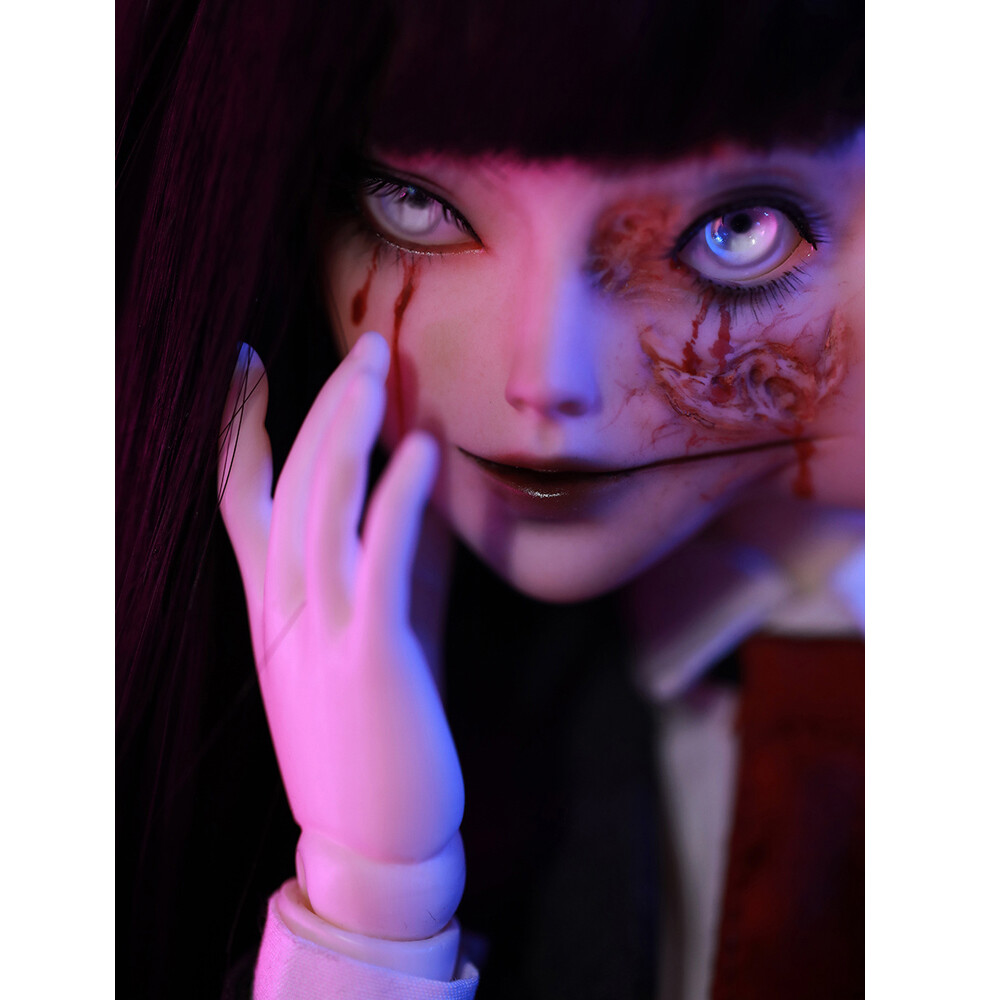 Full Set 1/4 BJD Doll Girl Half Grimace Eyes 2 Makeup Uniform Dress Wig Gift