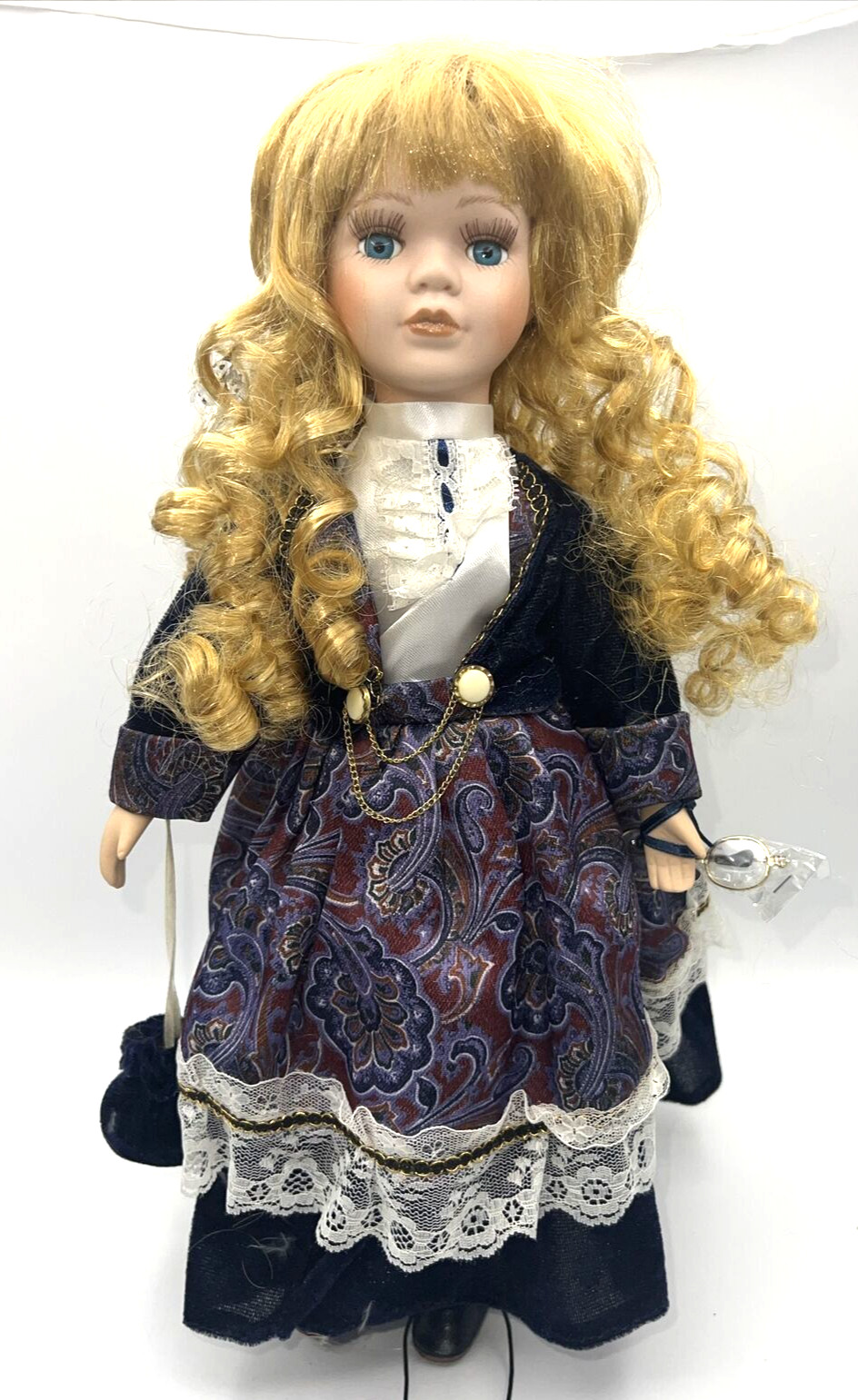 Emerald Doll Collection Porcelain Victoria Dress Eyeglasses Big Curly Hair 16″