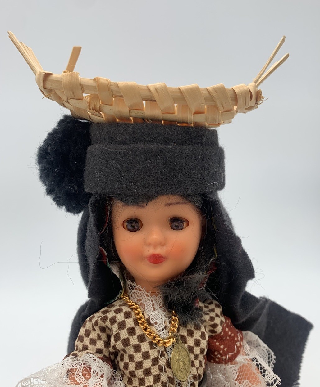 Portugal INternational Souvenir Doll 9.5” Folk Costume Sleep Eyes Basket Hat