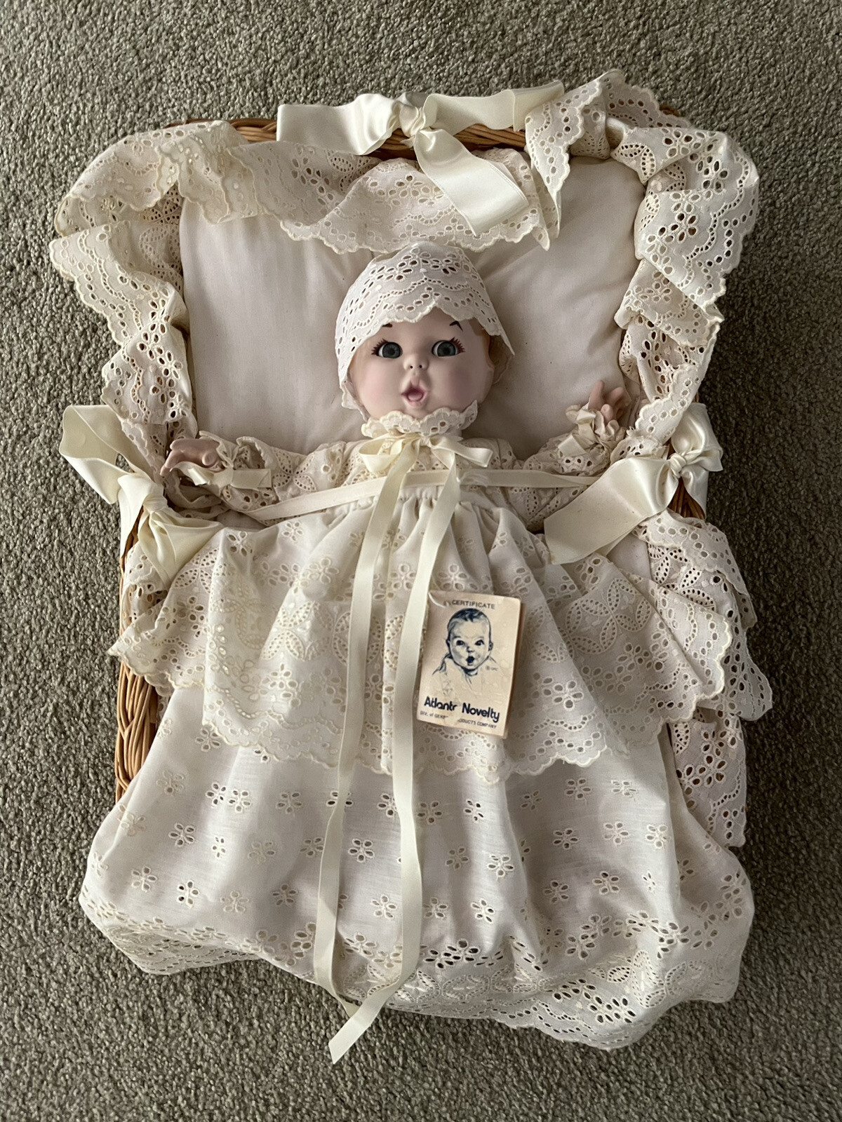 VINTAGE 1981 ATLANTA NOVELTY CO. GERBER BABY 12” BISQUE DOLL W/ BASKET
