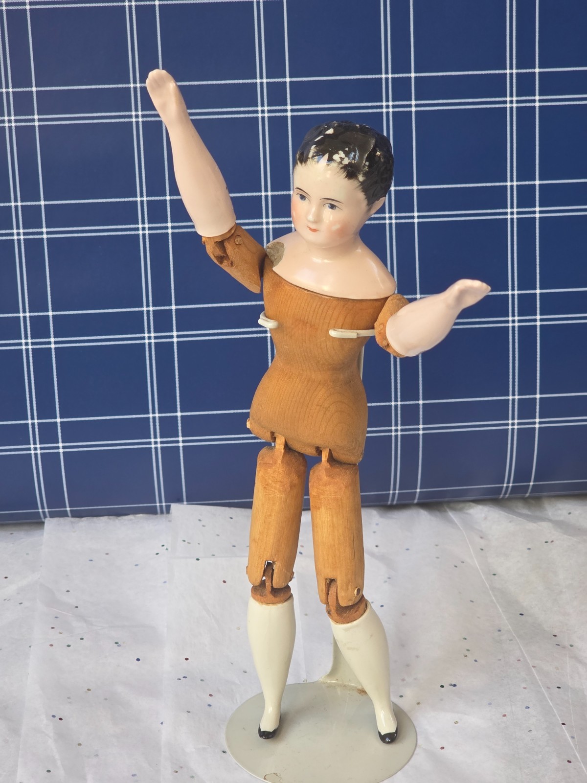 Antique German China head doll 9″5/8 tall wooden doll