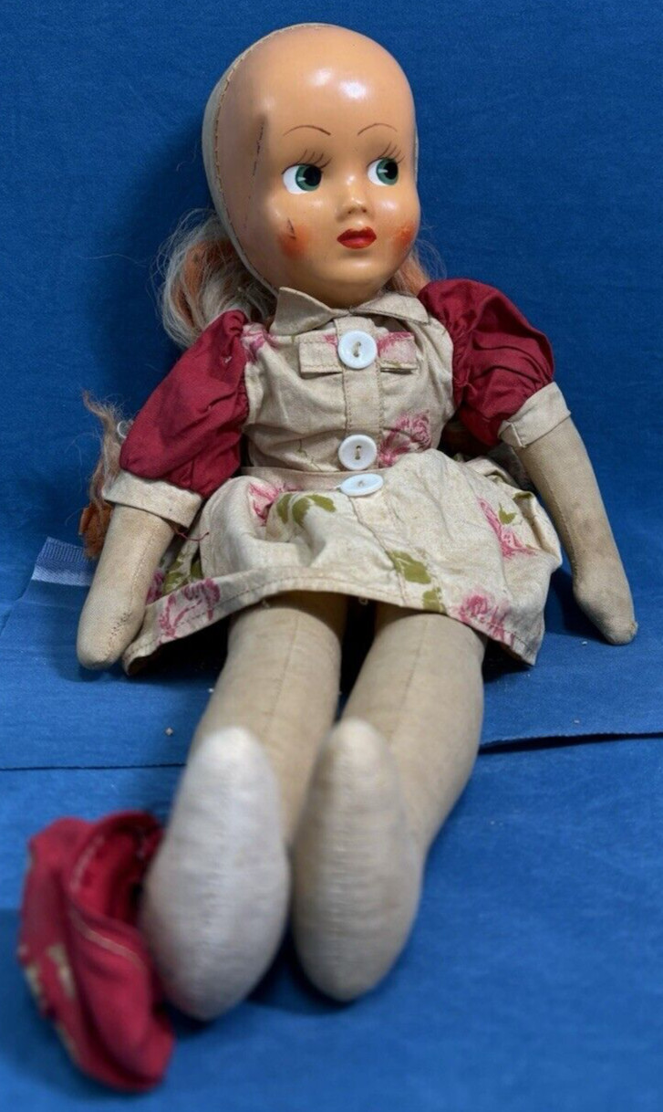 Vintage Plastic Hand Painted Face & Cloth Sawdust Fabric Body Doll