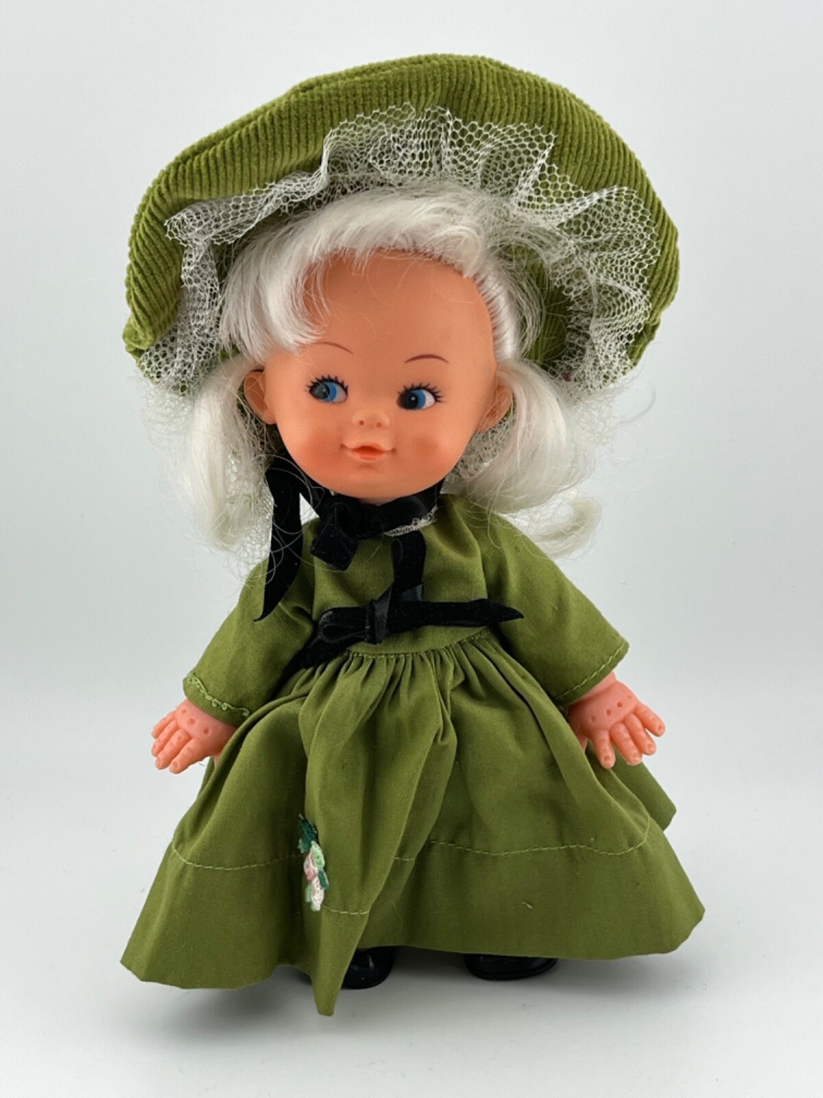 Vintage 1972 Jolly Toys Inc. Doll Green Dress White Hair 8 inch