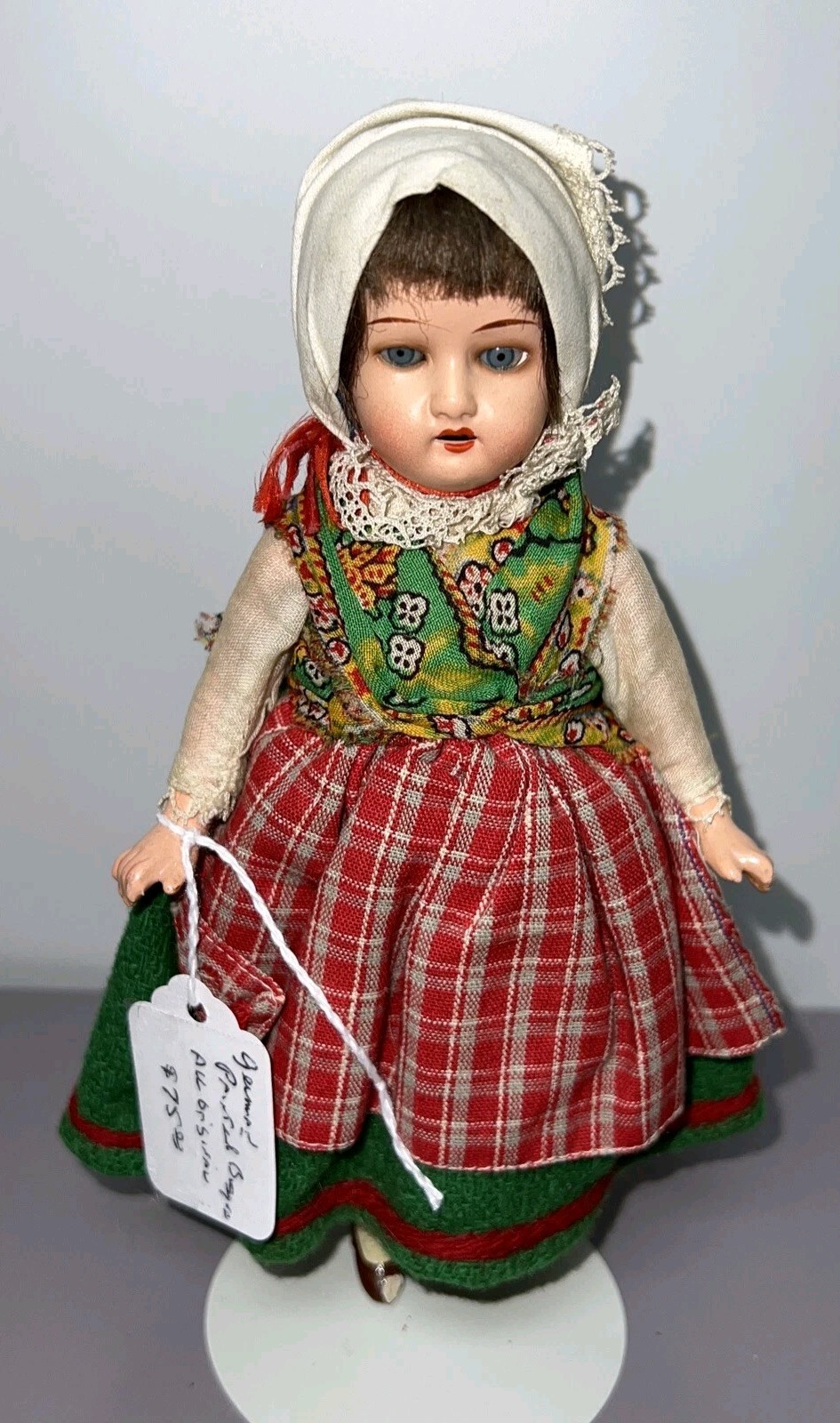 7.5” Antique German Painted Bisque Doll Compo Limbs Peasant Girl Blue Eyes #SF