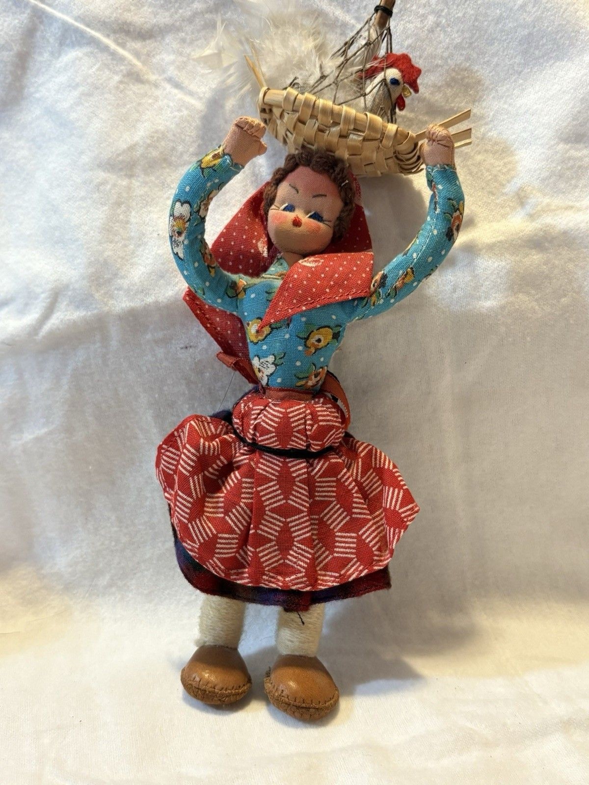 Vintage Portugal Folk Art Doll Mascotes Carrying Chickens In A Crate