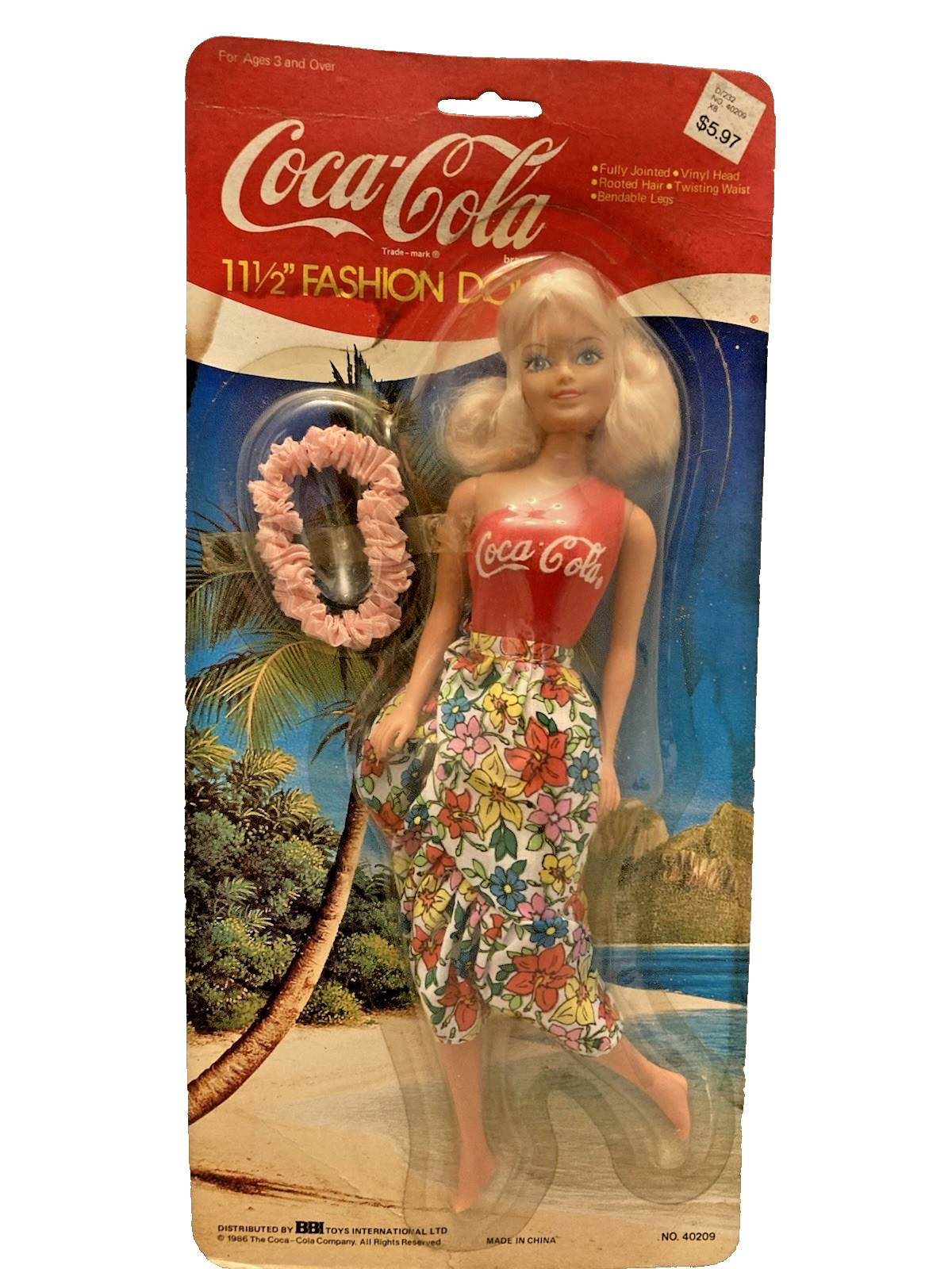 1986 BBI Toys Coca Cola Fashion Doll 11 1/2″ Hawaii Lei New No. 4020