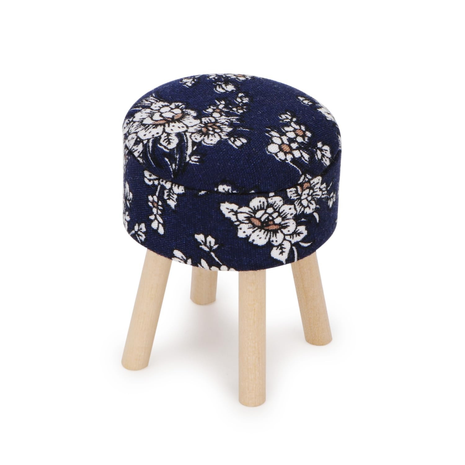 Miniature 1:12 Scale Blue Round Upholstered Wooden Dollhouse Stool Decor