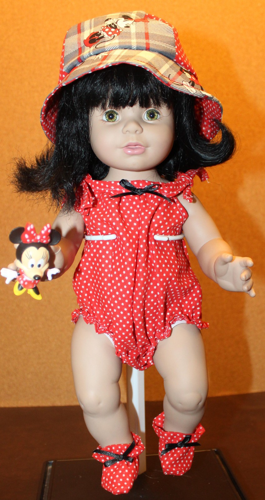 VTG 95 Baby So Beautiful Doll-Blk Hair Red+White HM Outfit Minnie Mouse Theme