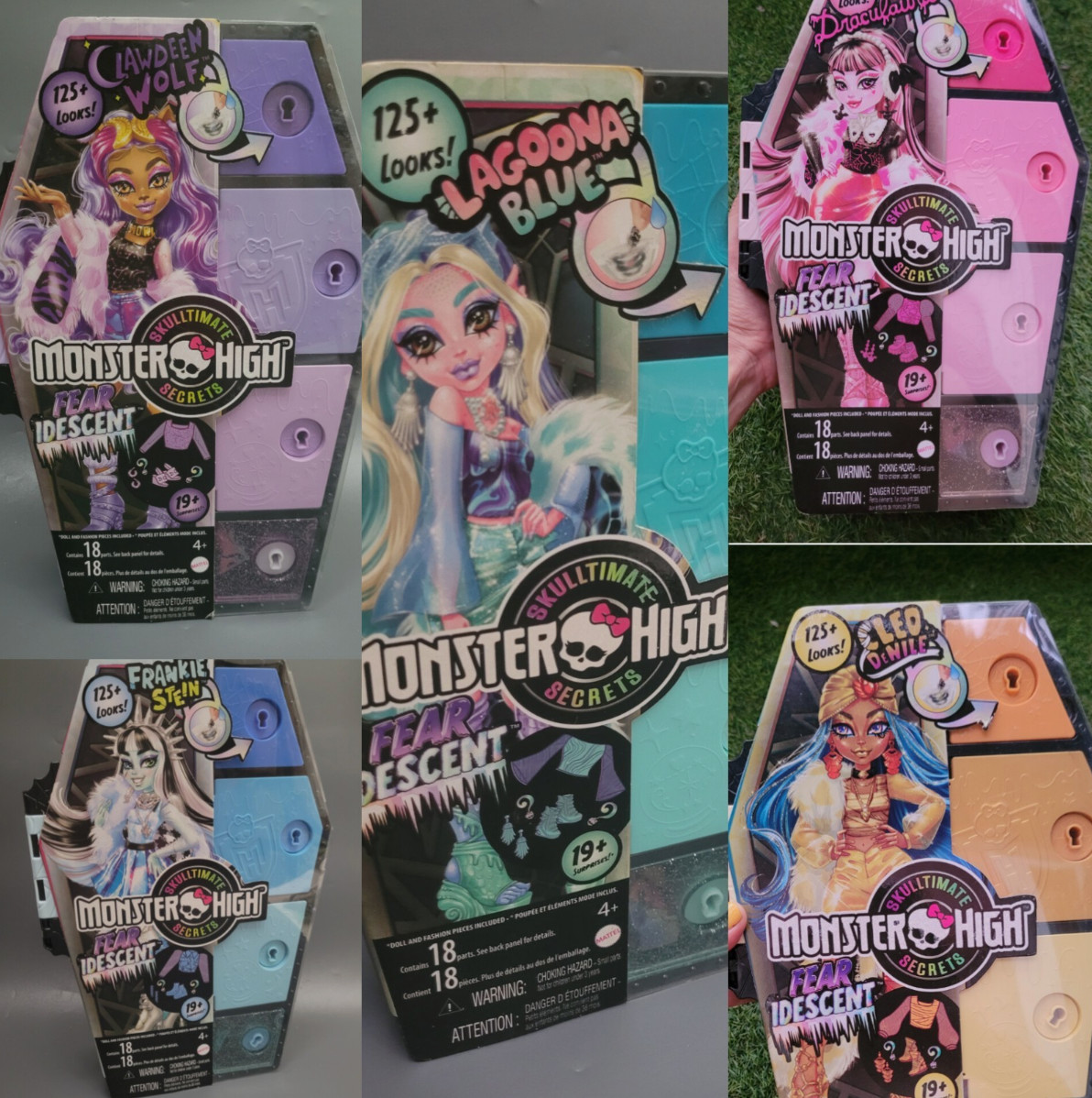 COMPLETE SET -5 pcs Monster High Skulltimate Secrets Fearidescent 125 looks Doll
