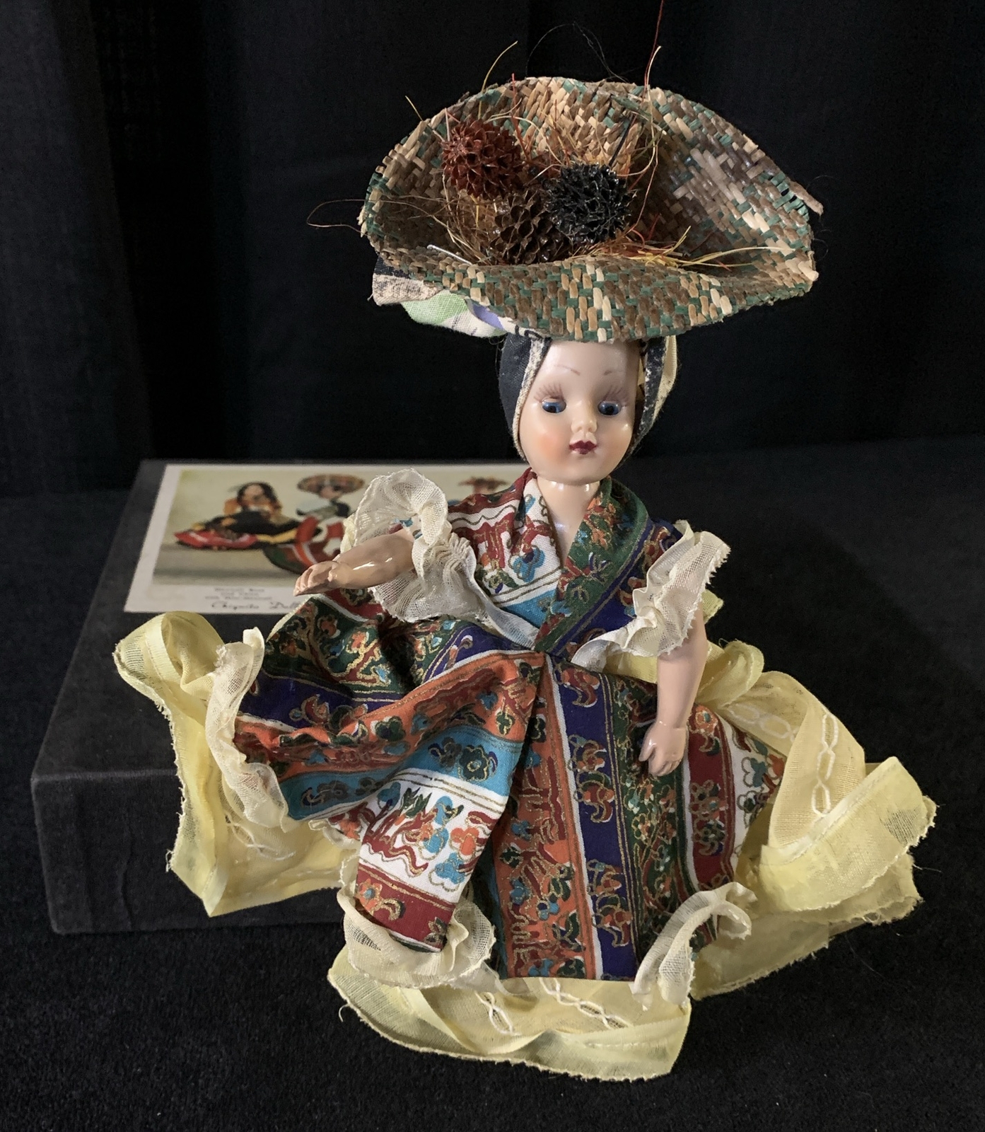 Vintage Chiquita Doll Nina Sleepy Eyes Floral Dress Head Wrap 8″ Celluloid Miami