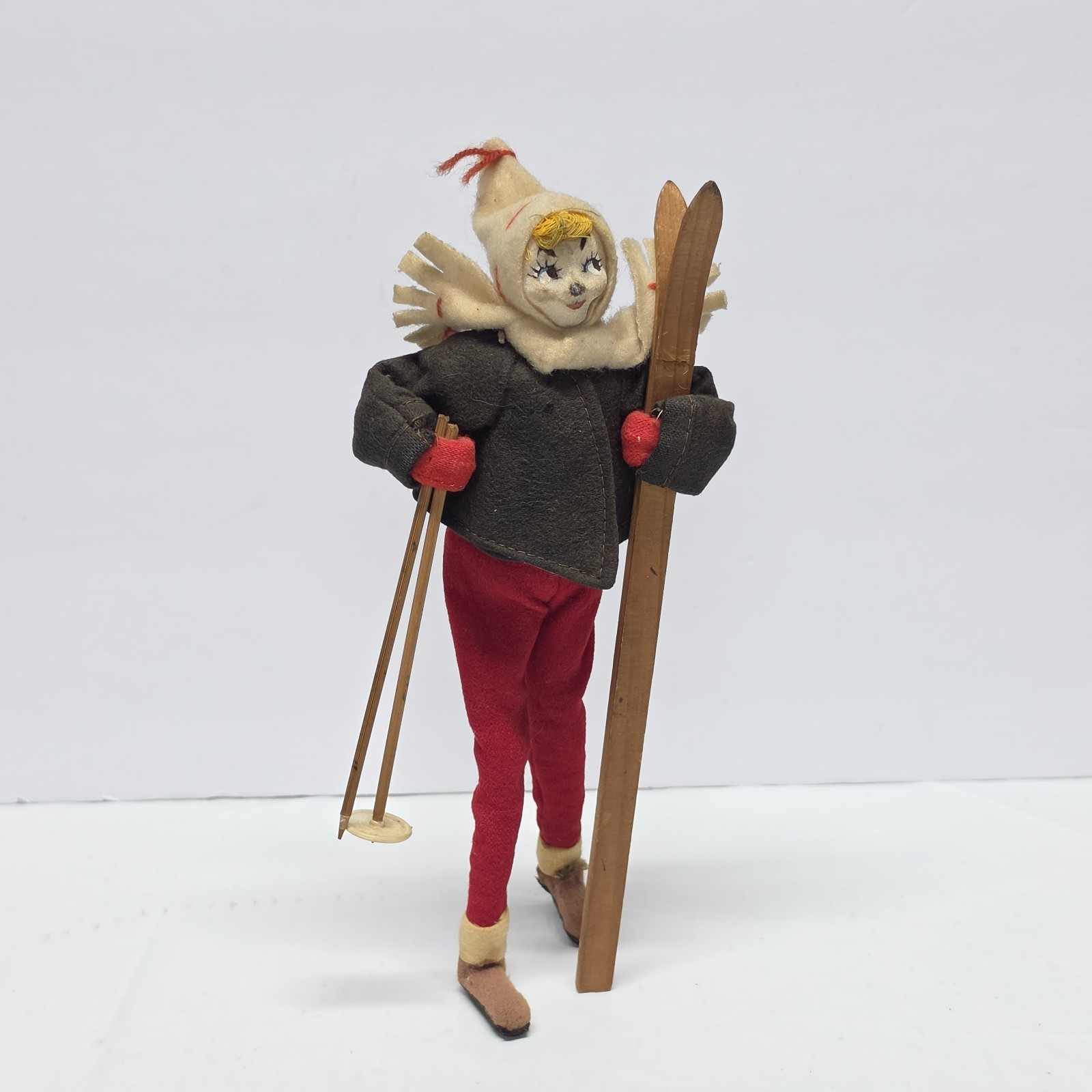 Vintage MCM Roldan Klumpe Spain Skier Felt Cloth Doll Wood Skis & Poles AS IS
