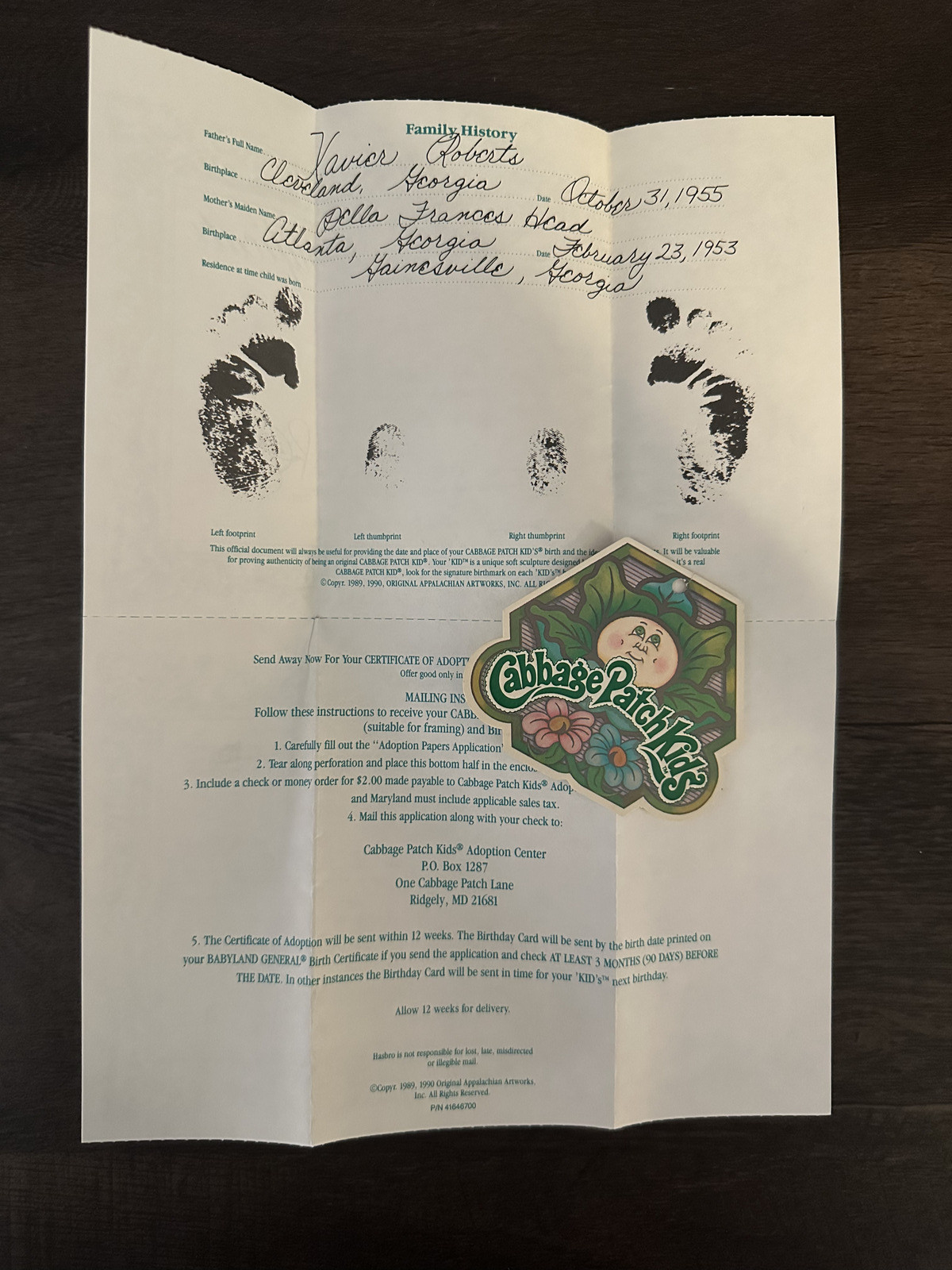 Cabbage Patch Kids Birth Certificate & Adoption Papers with Tags 1989 1990