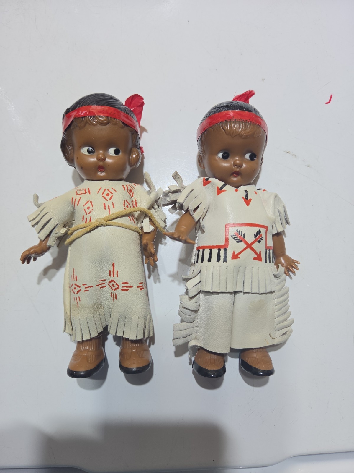 Vintage Carlson Native American Girl & Boy Fringed Leather Clothing molded hair