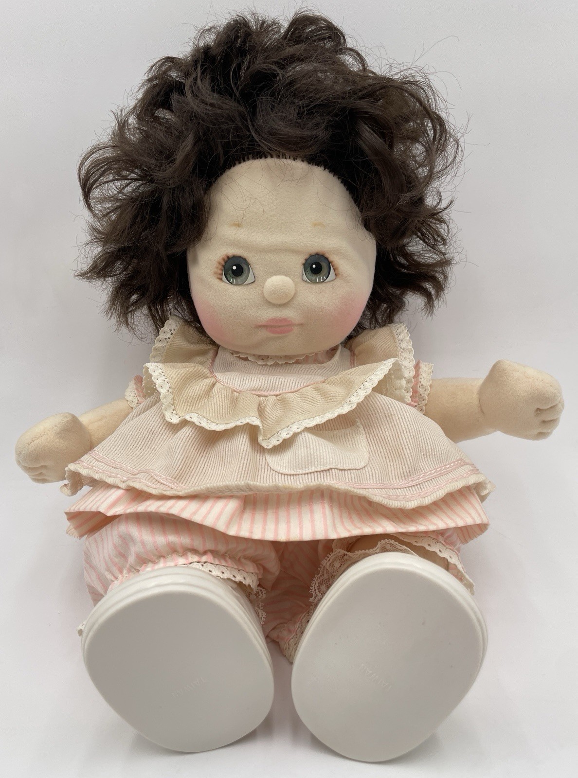 My Child Baby Doll 15” Mattel 1985 Brown Hair Greenish Grey Eyes Dress, Shoes