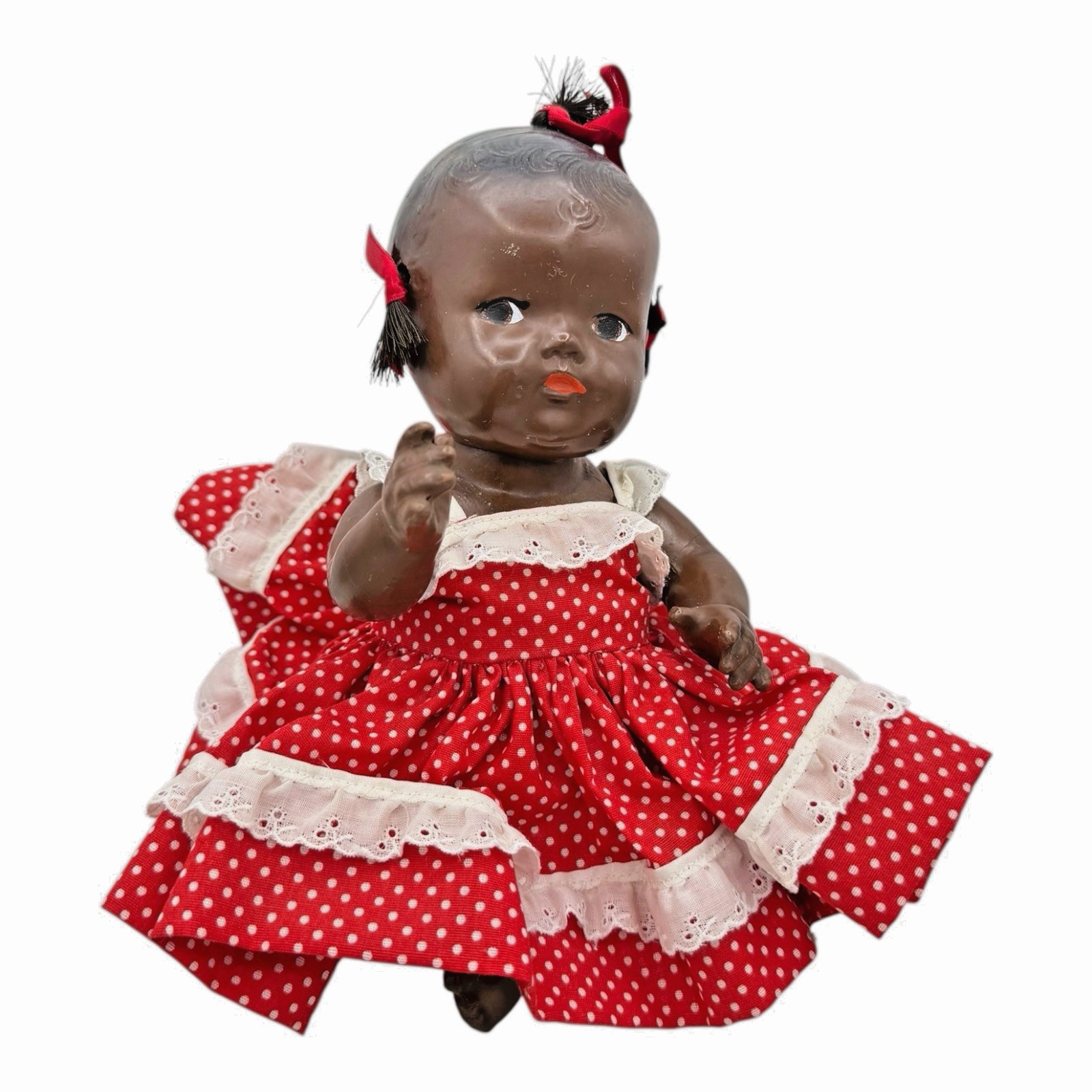 African American Composition Girl Doll Bald Brown Pigtails 9″