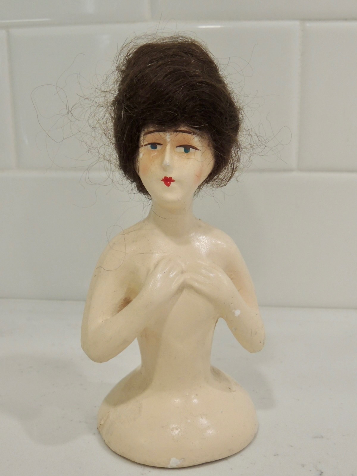 5 3/4” Antique Half 1/2 Doll Lady human hair