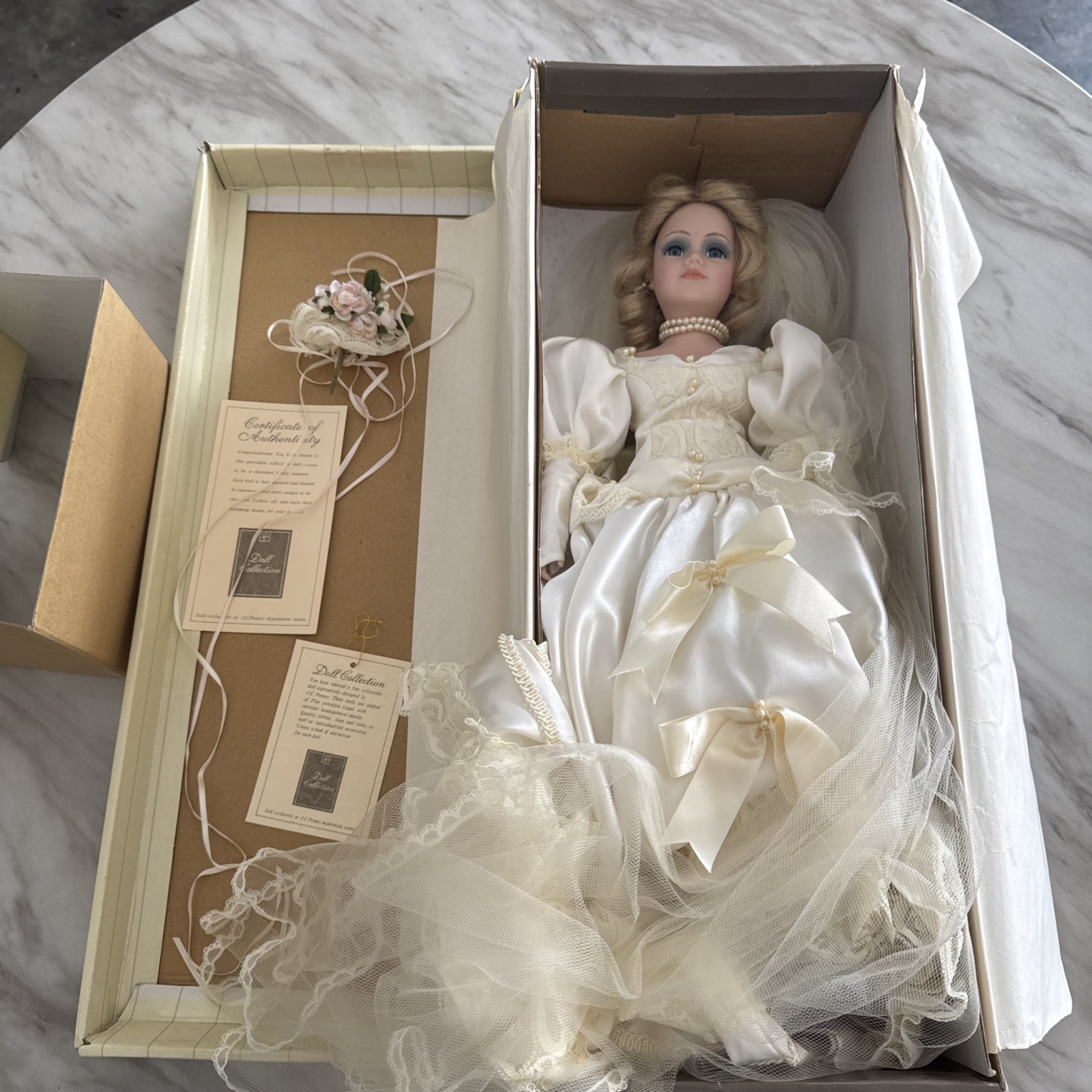 Vintage Porcelain Doll, Wedding Dress, In Box 21 Inches
