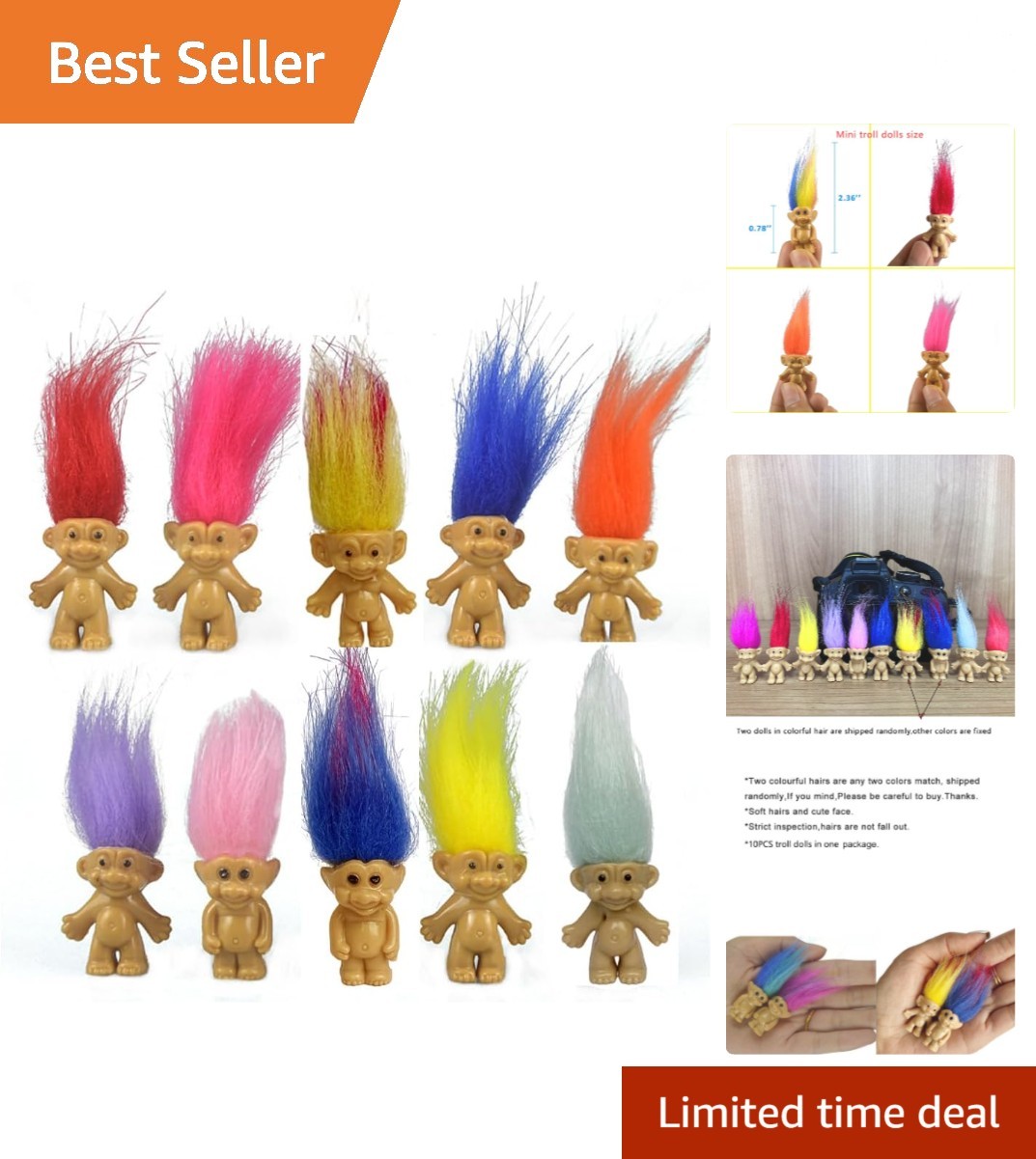 10 Count Vintage Troll Dolls – Charming Assorted Hair Colors for Kids’ Playtime